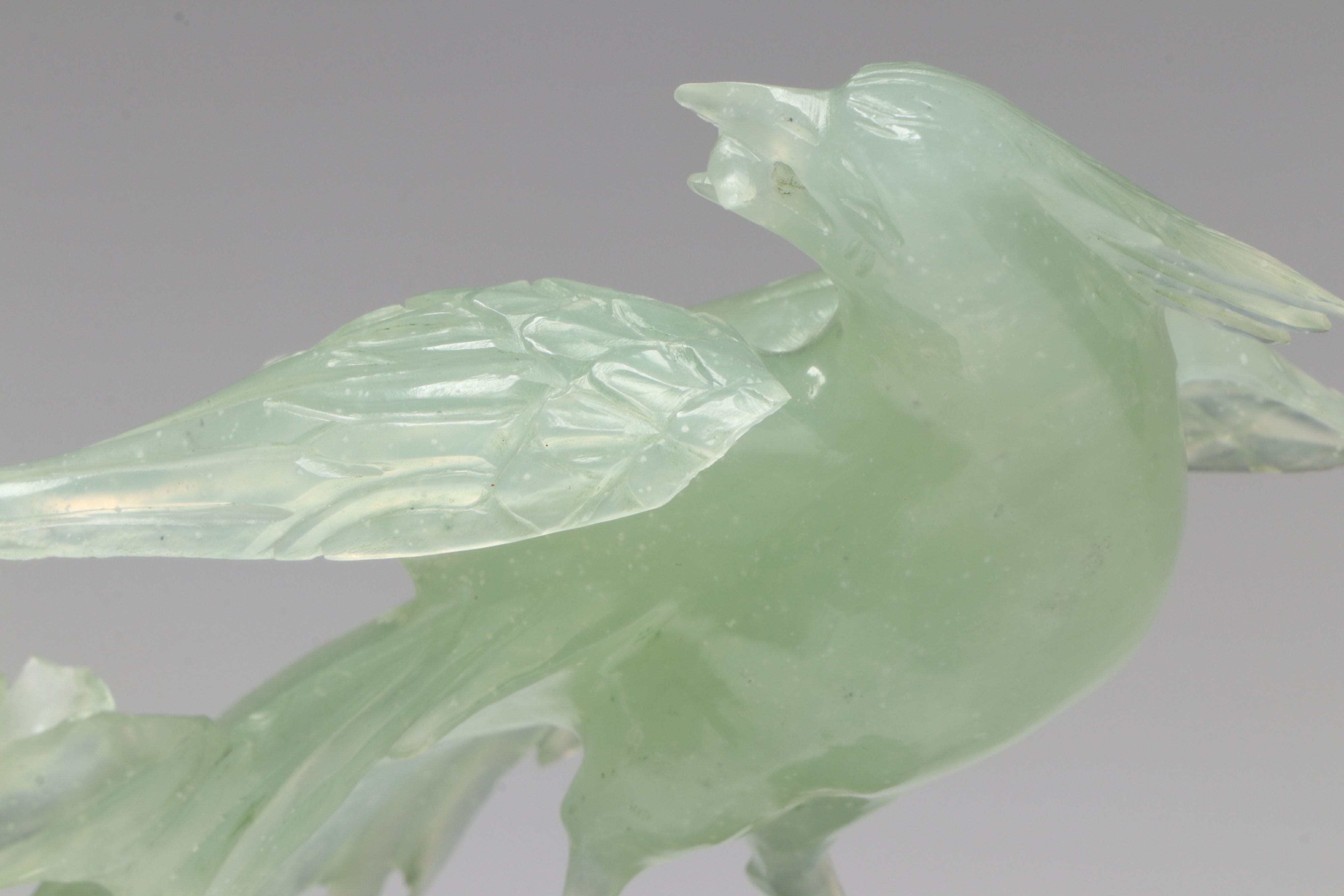 Chinese Carved Bowenite Phoenix in Tree with Fitted Rosewood Base