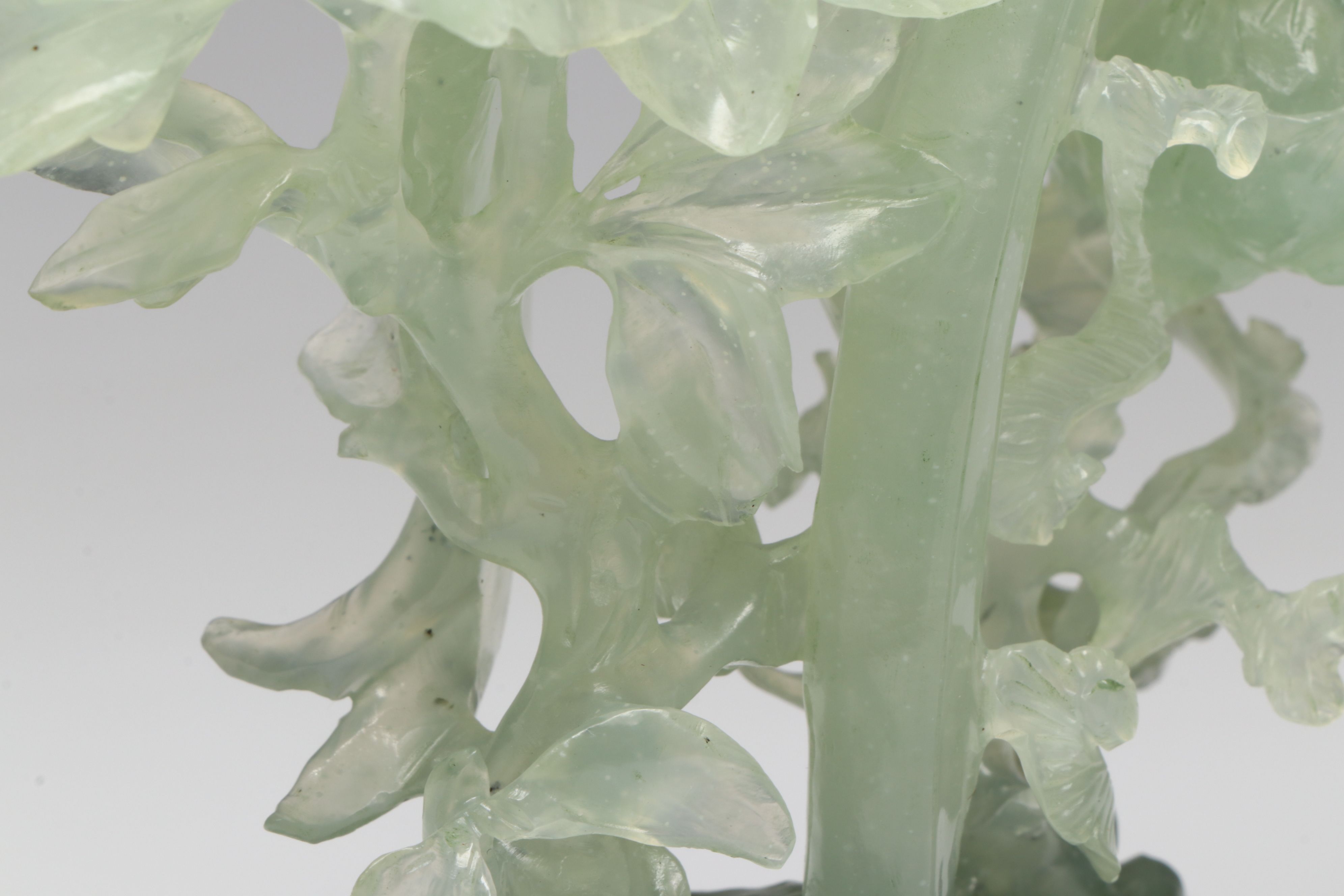 Chinese Carved Bowenite Phoenix in Tree with Fitted Rosewood Base