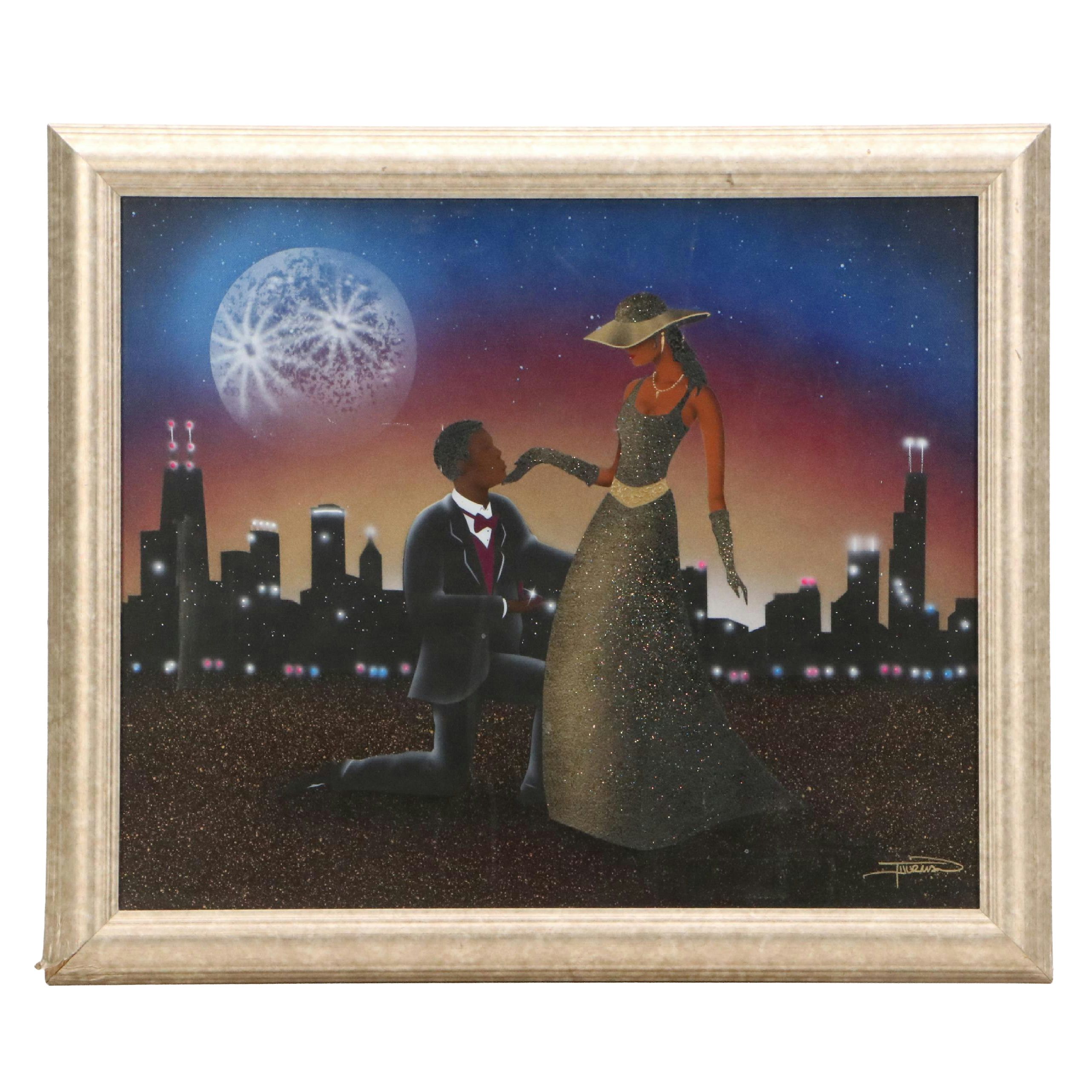 Embellished Giclée of Jazz Art Glamorous Couple with Skyline, Late 20th Century