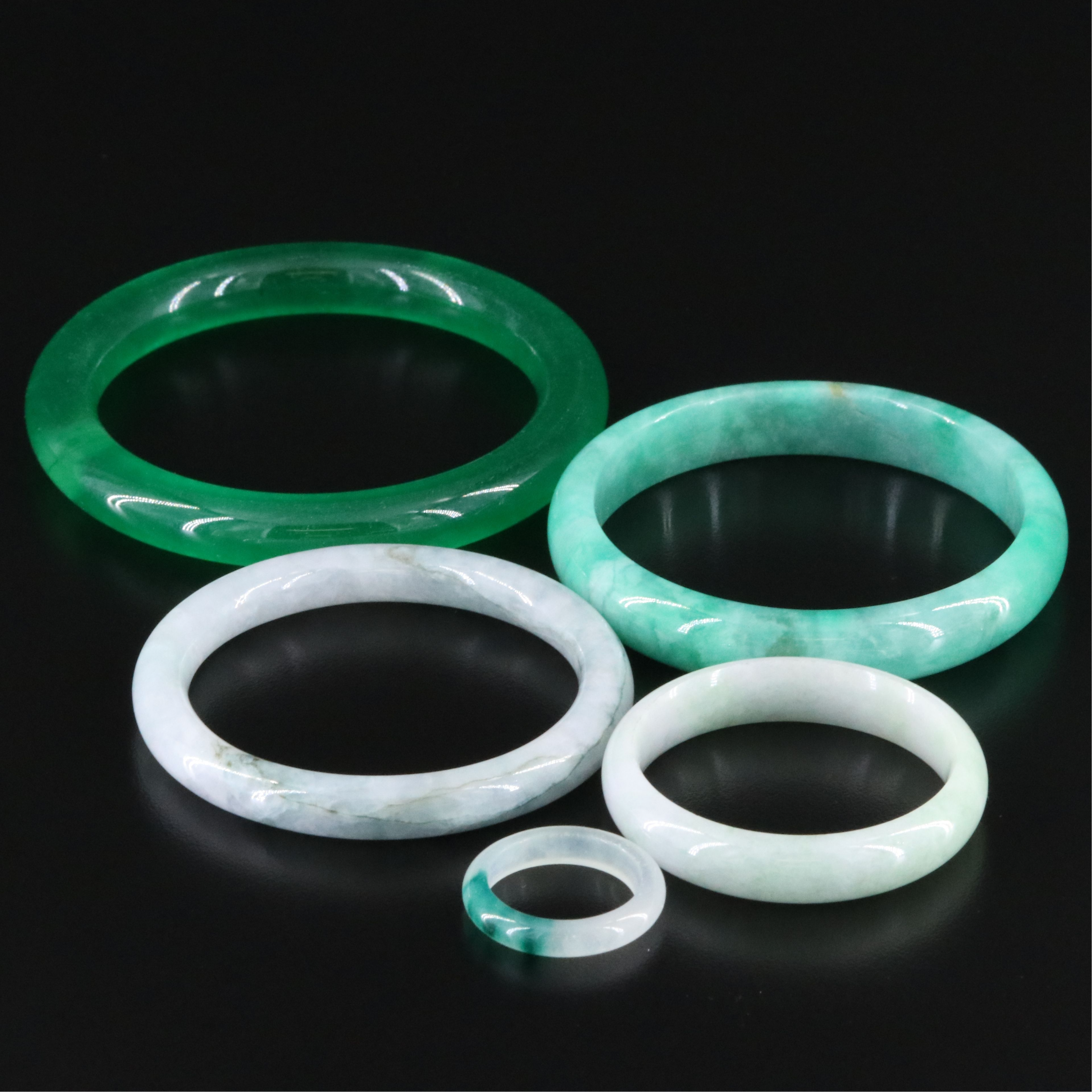 Jadeite and Quartz Bangle Bracelets and Ring