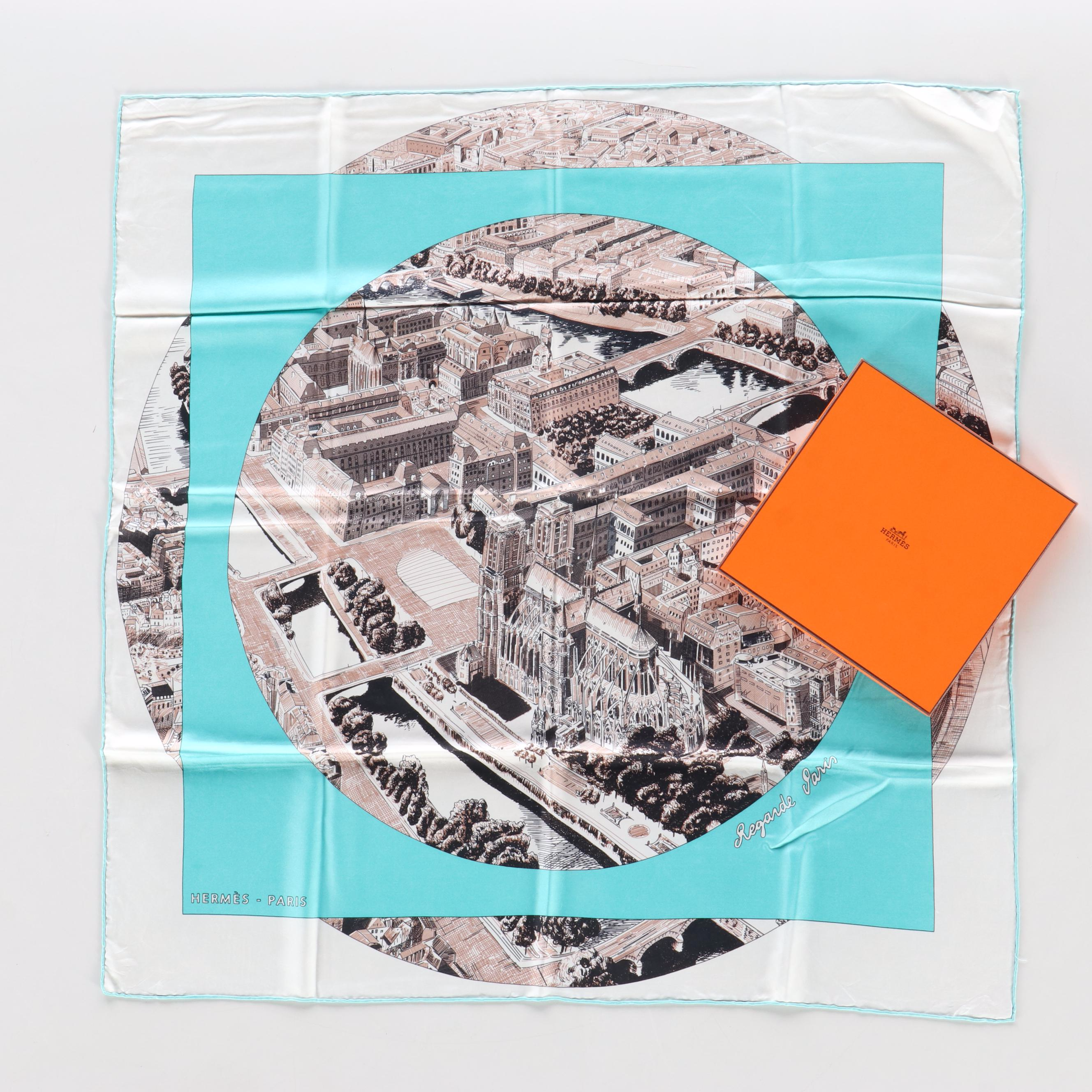 Hermès "Regarde Paris" Turquoise Silk Twill Scarf 90 in Box