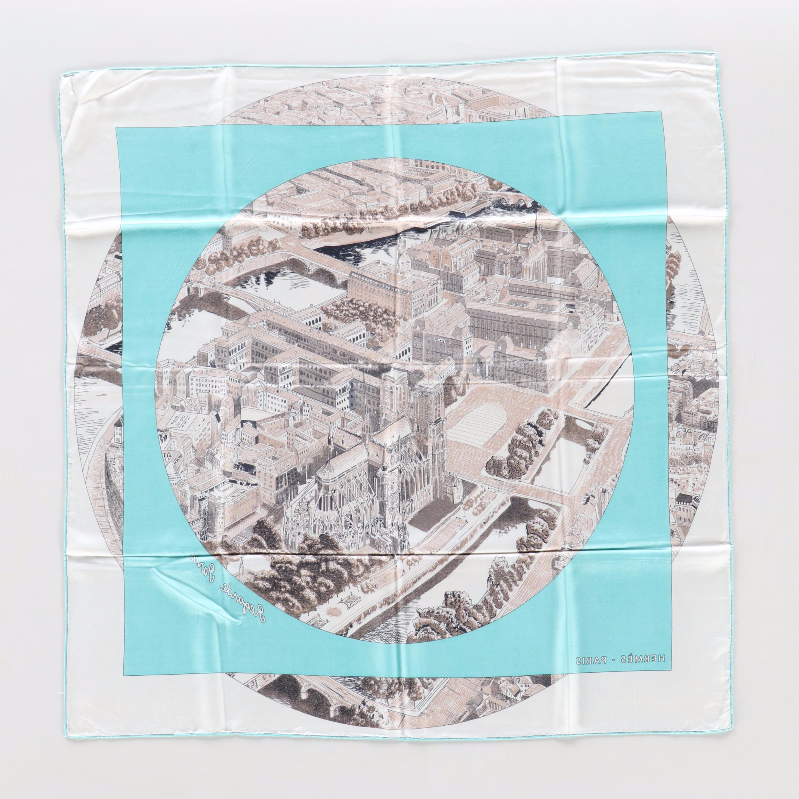 Hermès "Regarde Paris" Turquoise Silk Twill Scarf 90 in Box