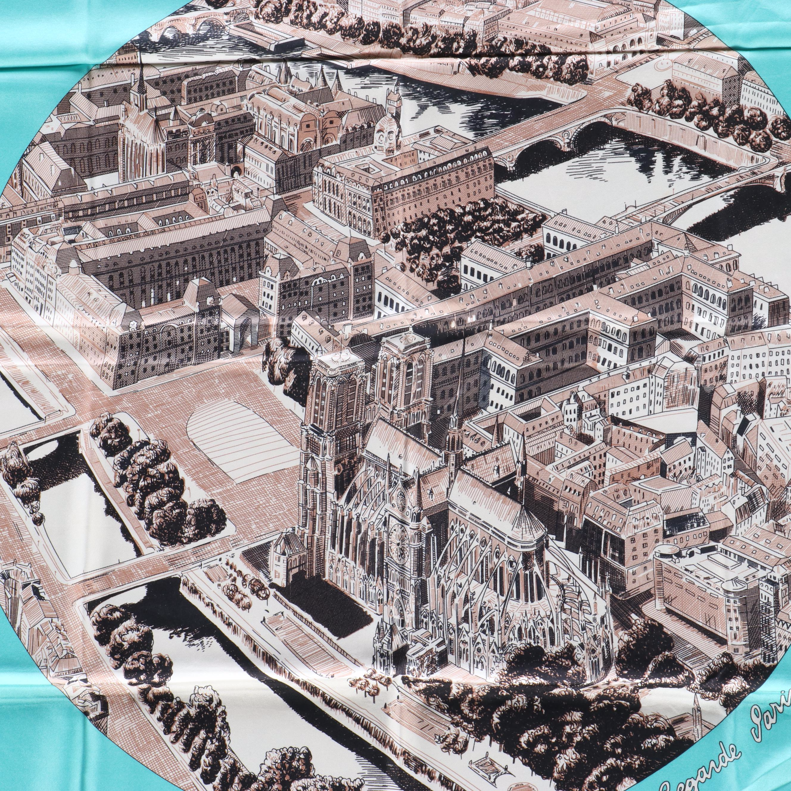 Hermès "Regarde Paris" Turquoise Silk Twill Scarf 90 in Box