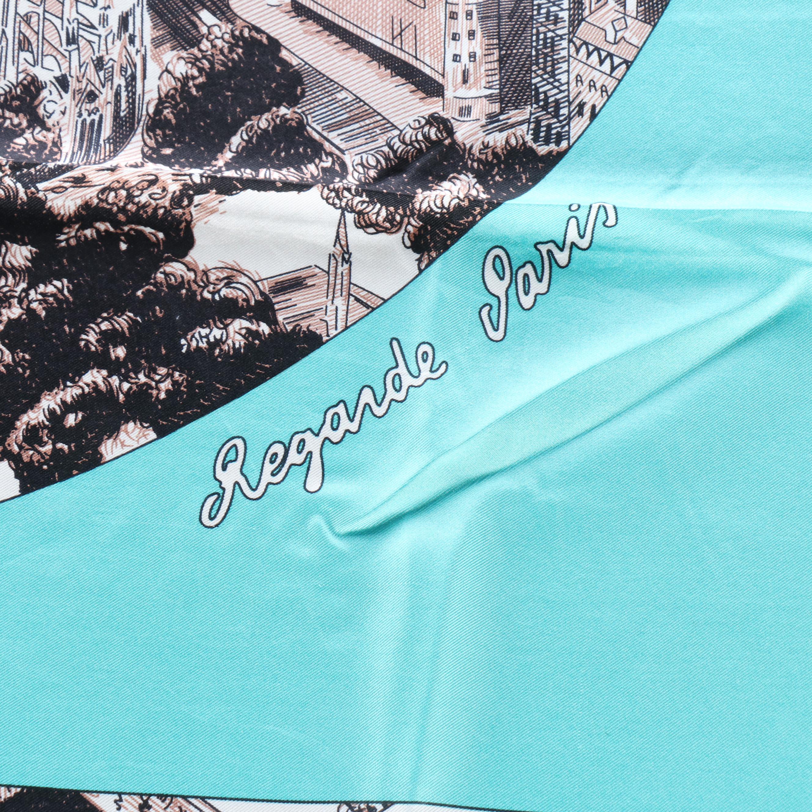 Hermès "Regarde Paris" Turquoise Silk Twill Scarf 90 in Box