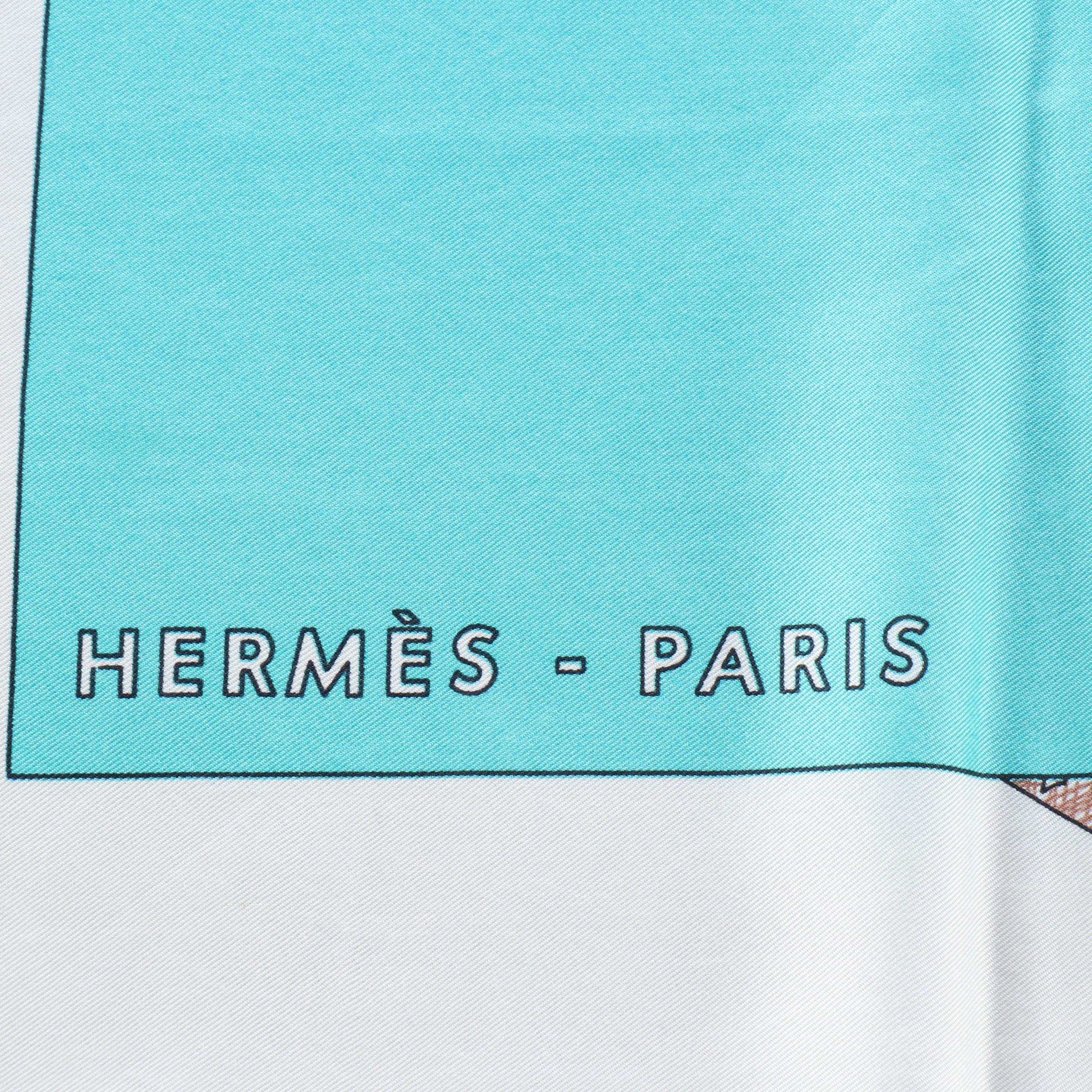 Hermès "Regarde Paris" Turquoise Silk Twill Scarf 90 in Box