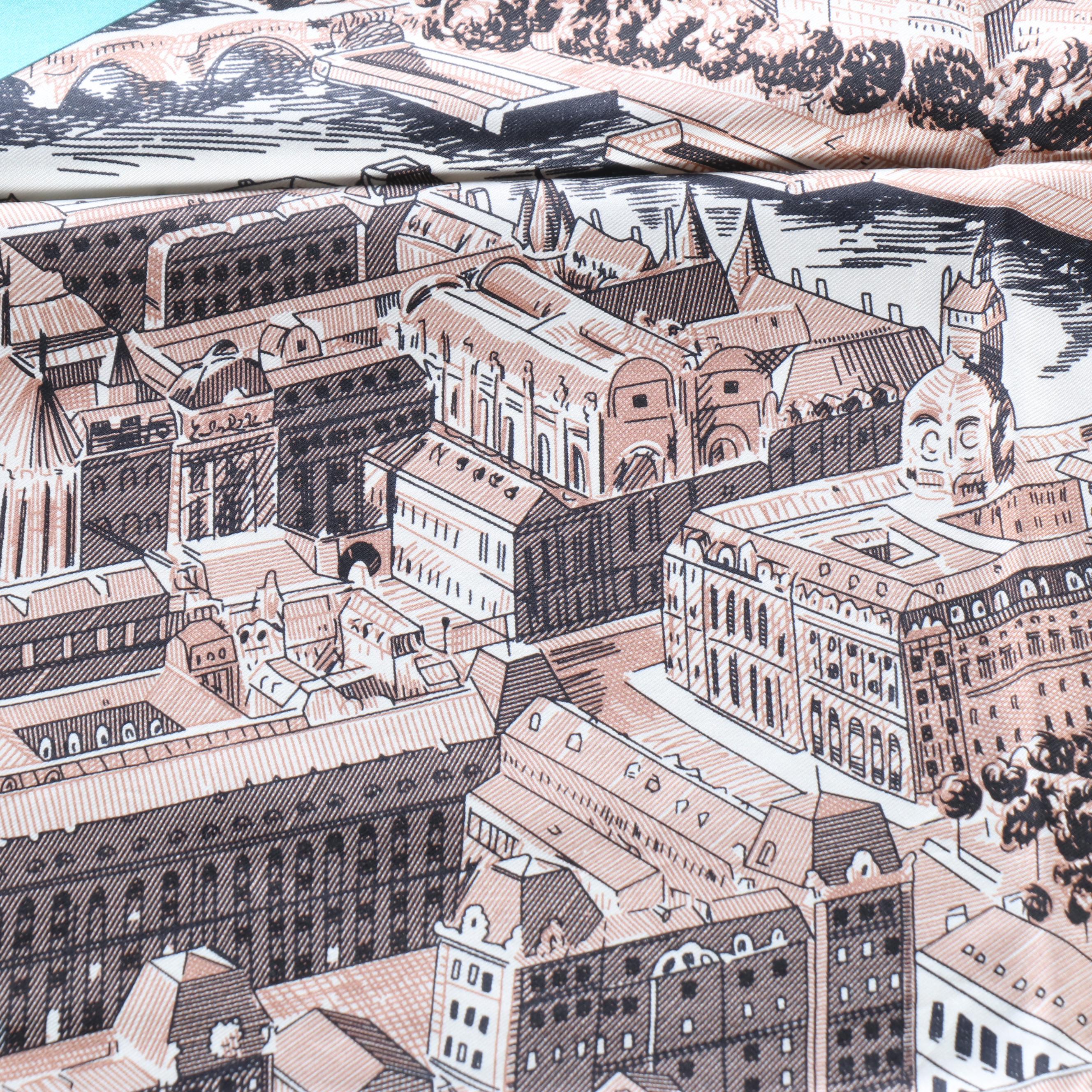 Hermès "Regarde Paris" Turquoise Silk Twill Scarf 90 in Box