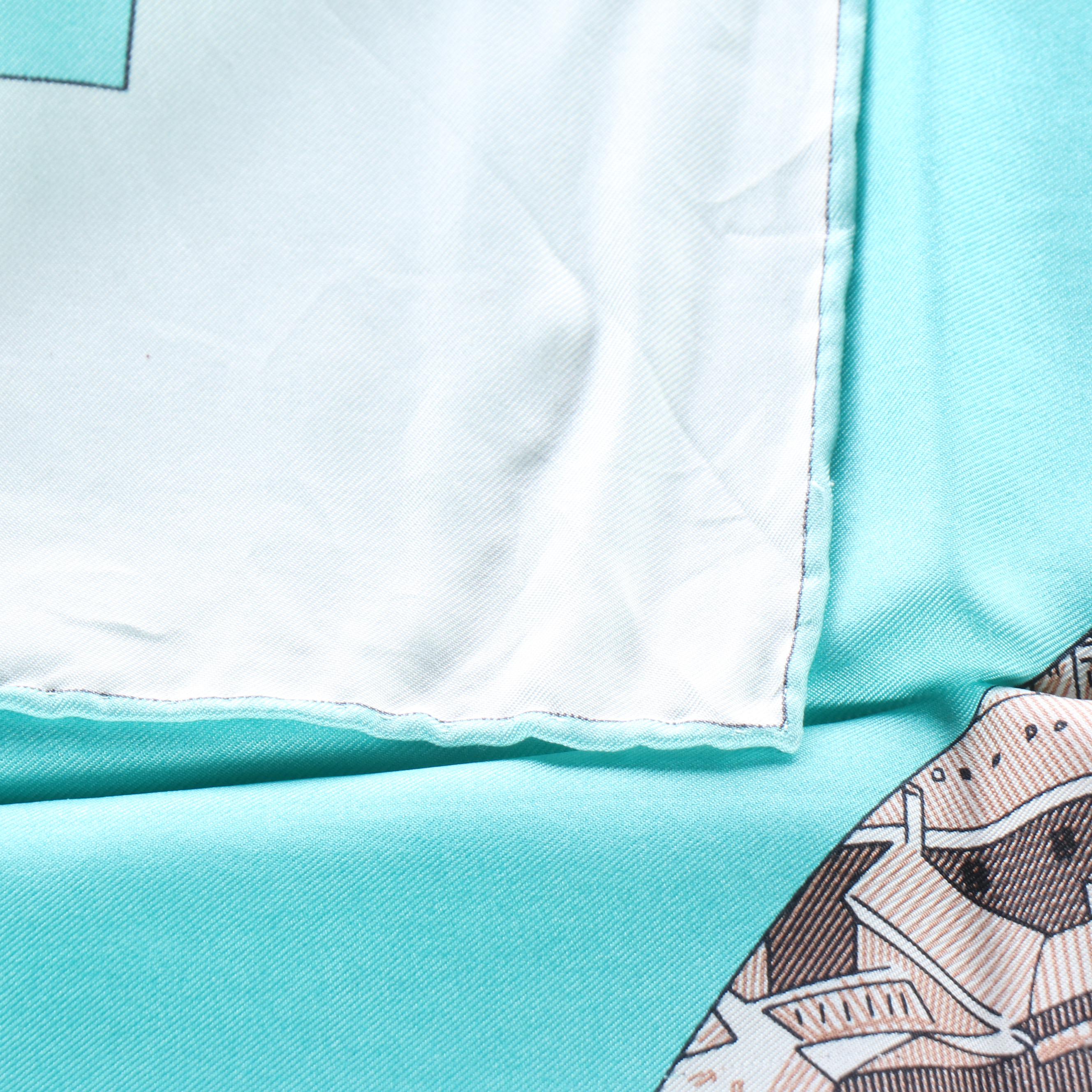 Hermès "Regarde Paris" Turquoise Silk Twill Scarf 90 in Box