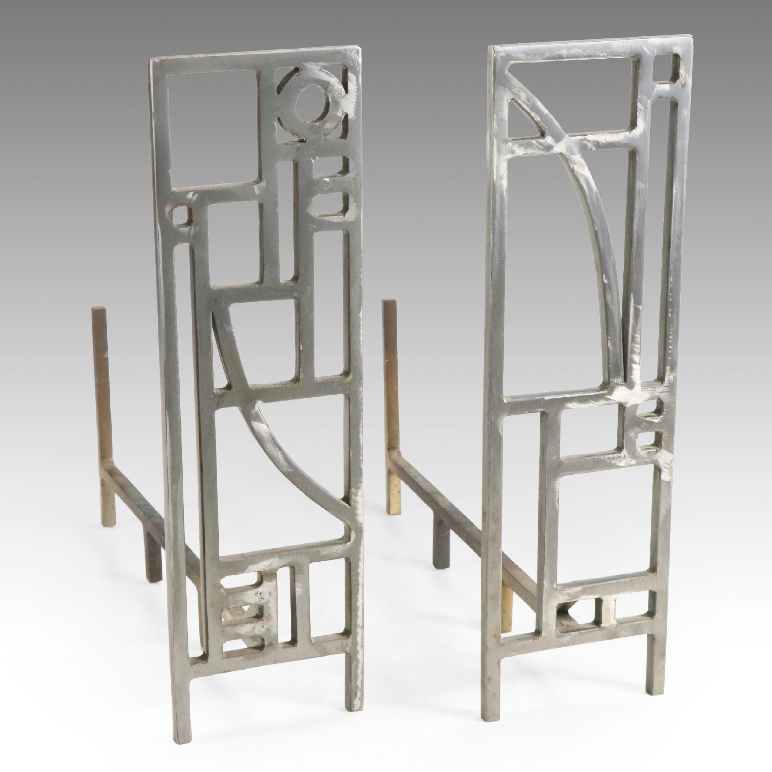 Modernist Brushed Metal Fireplace Andirons, Manner of Robert Sonneman