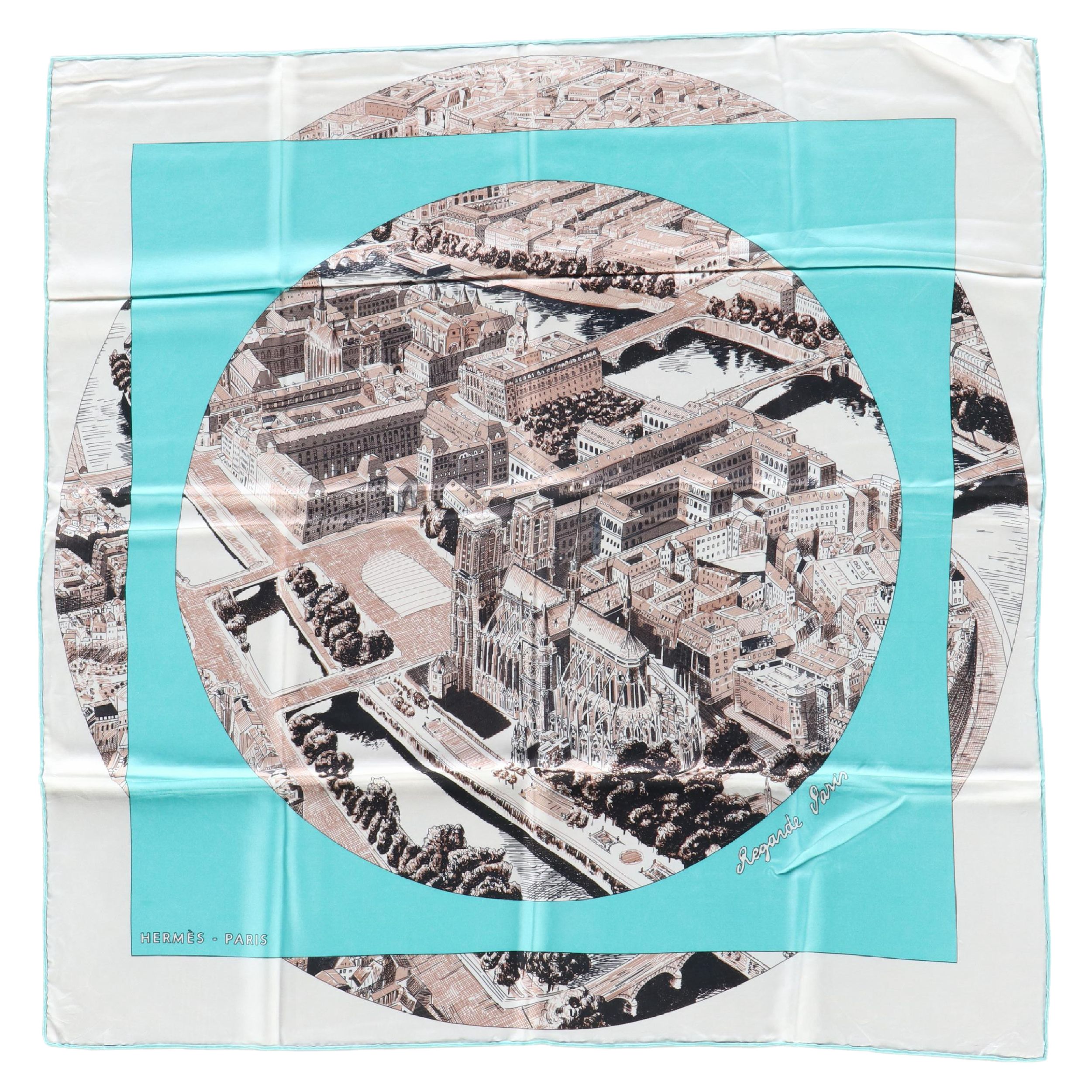Hermès "Regarde Paris" Turquoise Silk Twill Scarf 90 in Box