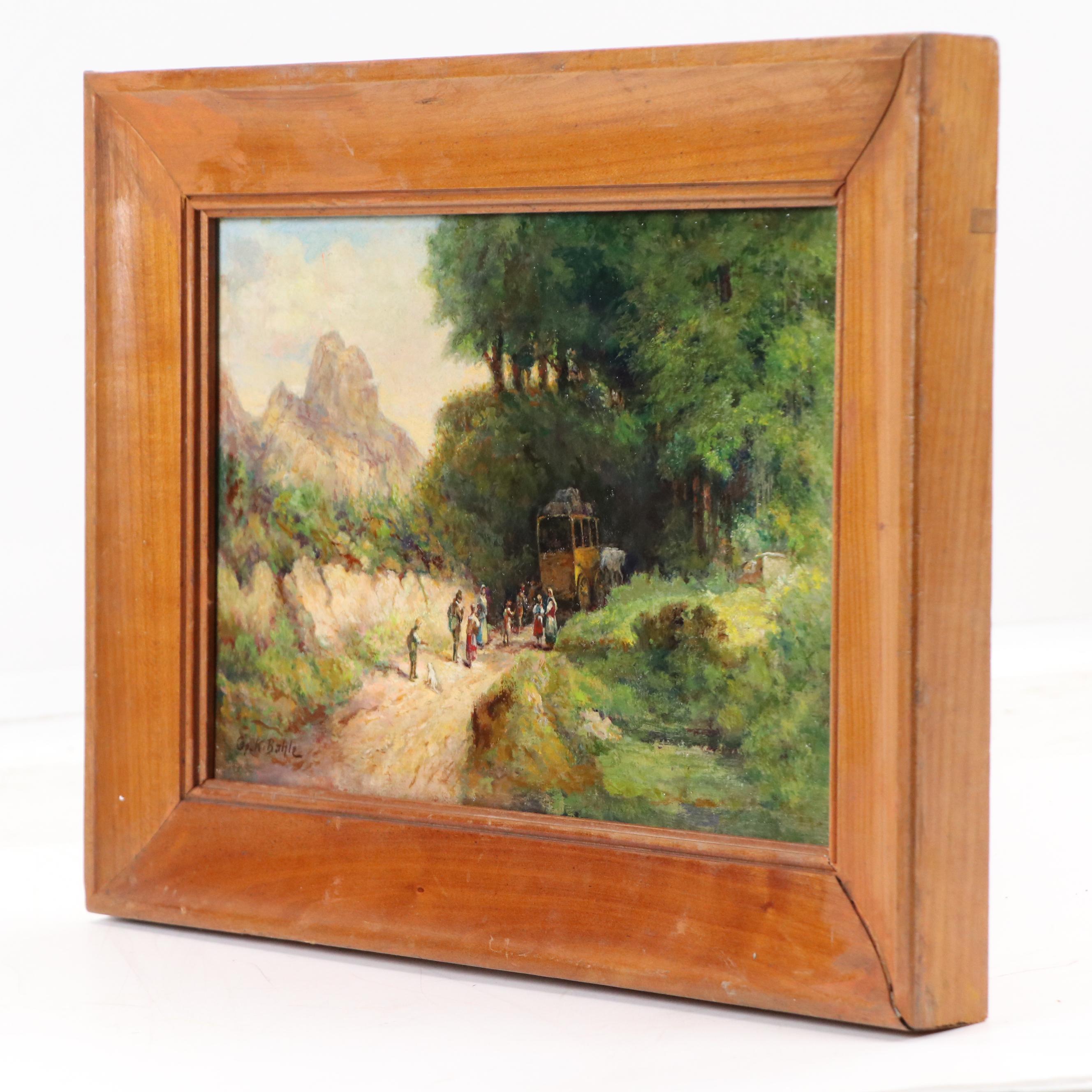 Gp. K. Bahle Countryside Landscape Oil Painting of Figures on Wooded Path