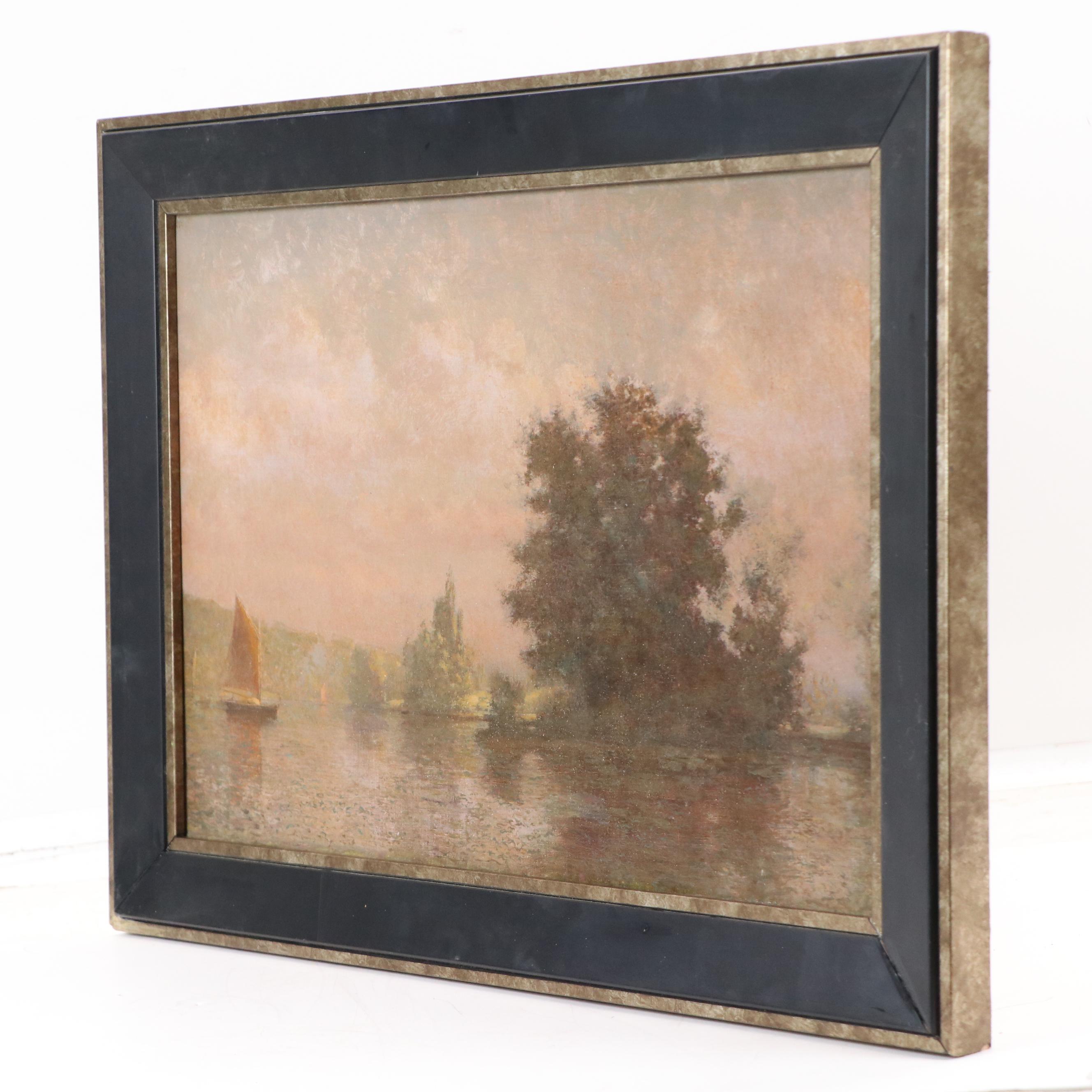 River Landscape Oil Painting, 19th Century