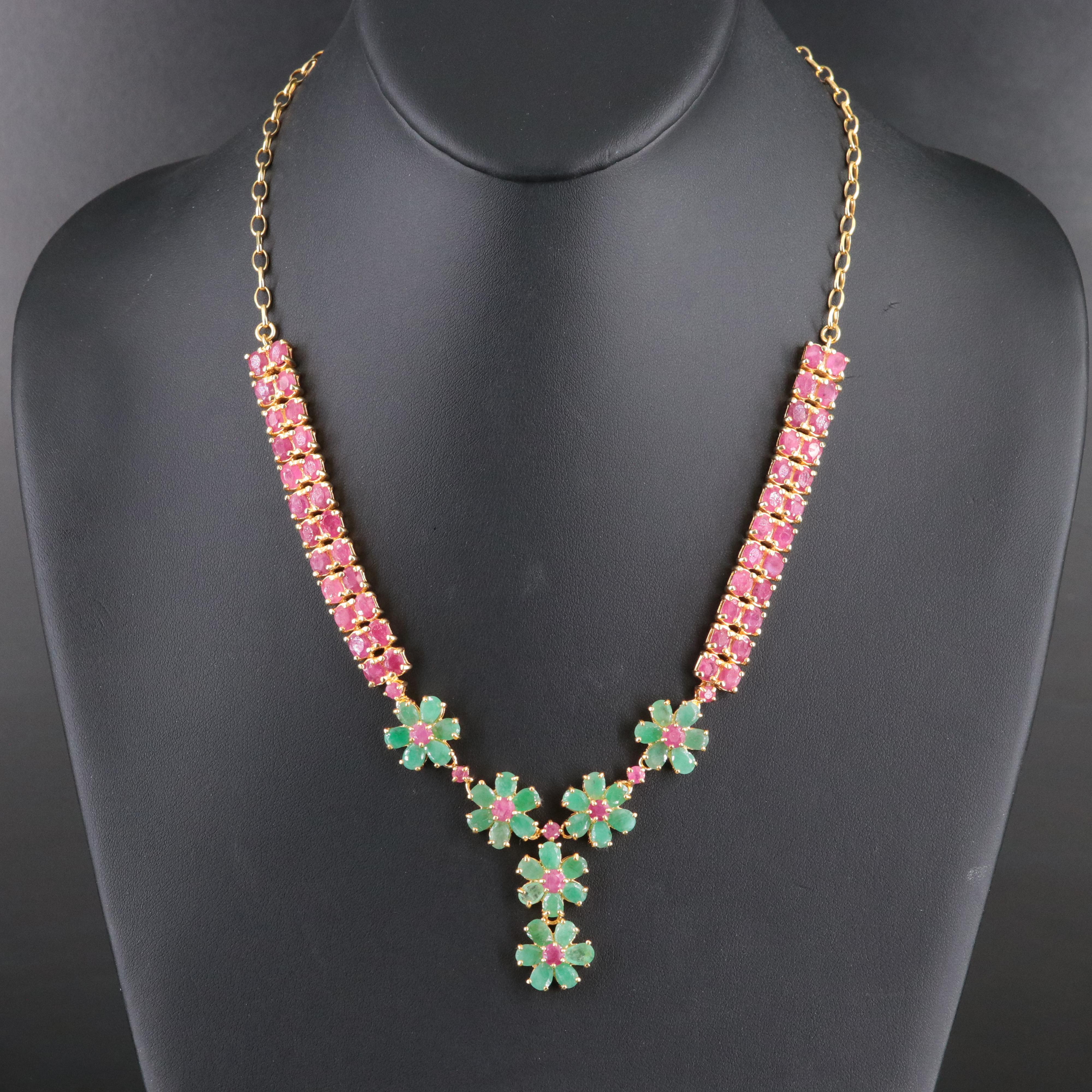 Sterling Emerald and Filled Ruby Rosette Necklace