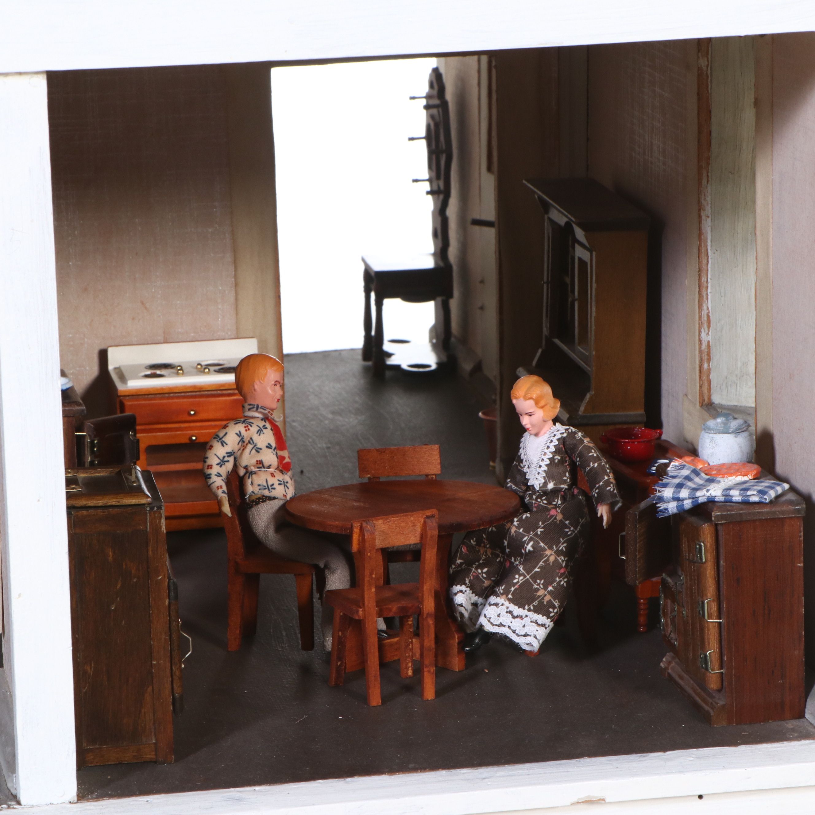 Craftsman Style Handcrafted Wooden Dollhouse on Stand with Dolls and Furniture