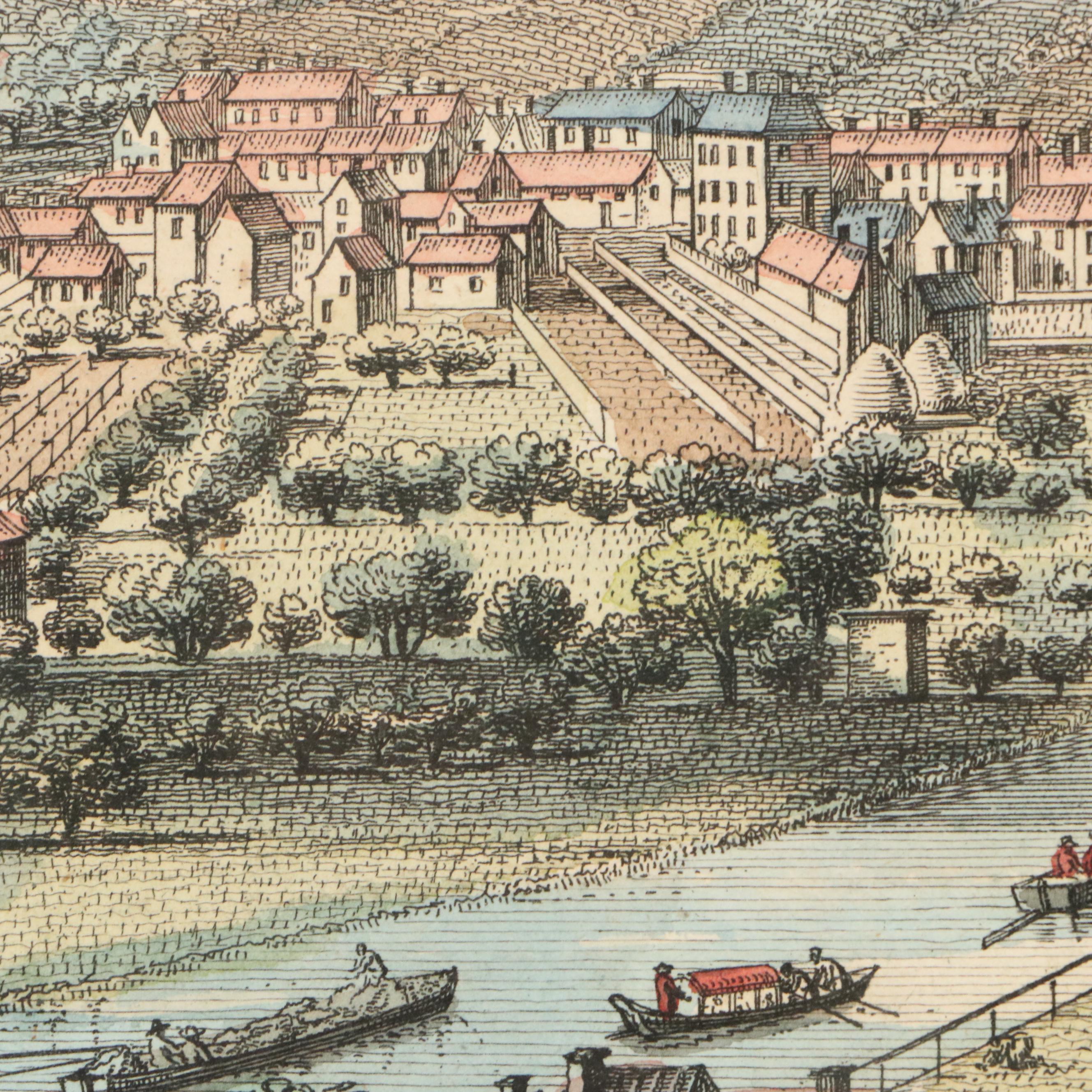 Hand-Colored Panoramic Engraving of Leeds After Samuel and Nathaniel Buck, 1745