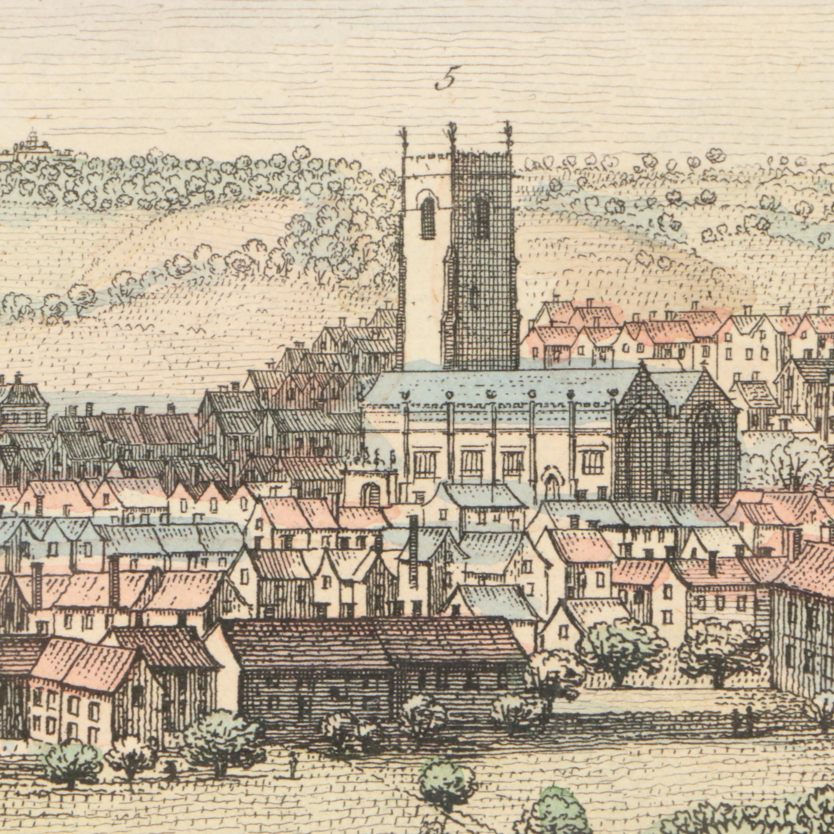 Hand-Colored Panoramic Engraving of Leeds After Samuel and Nathaniel Buck, 1745