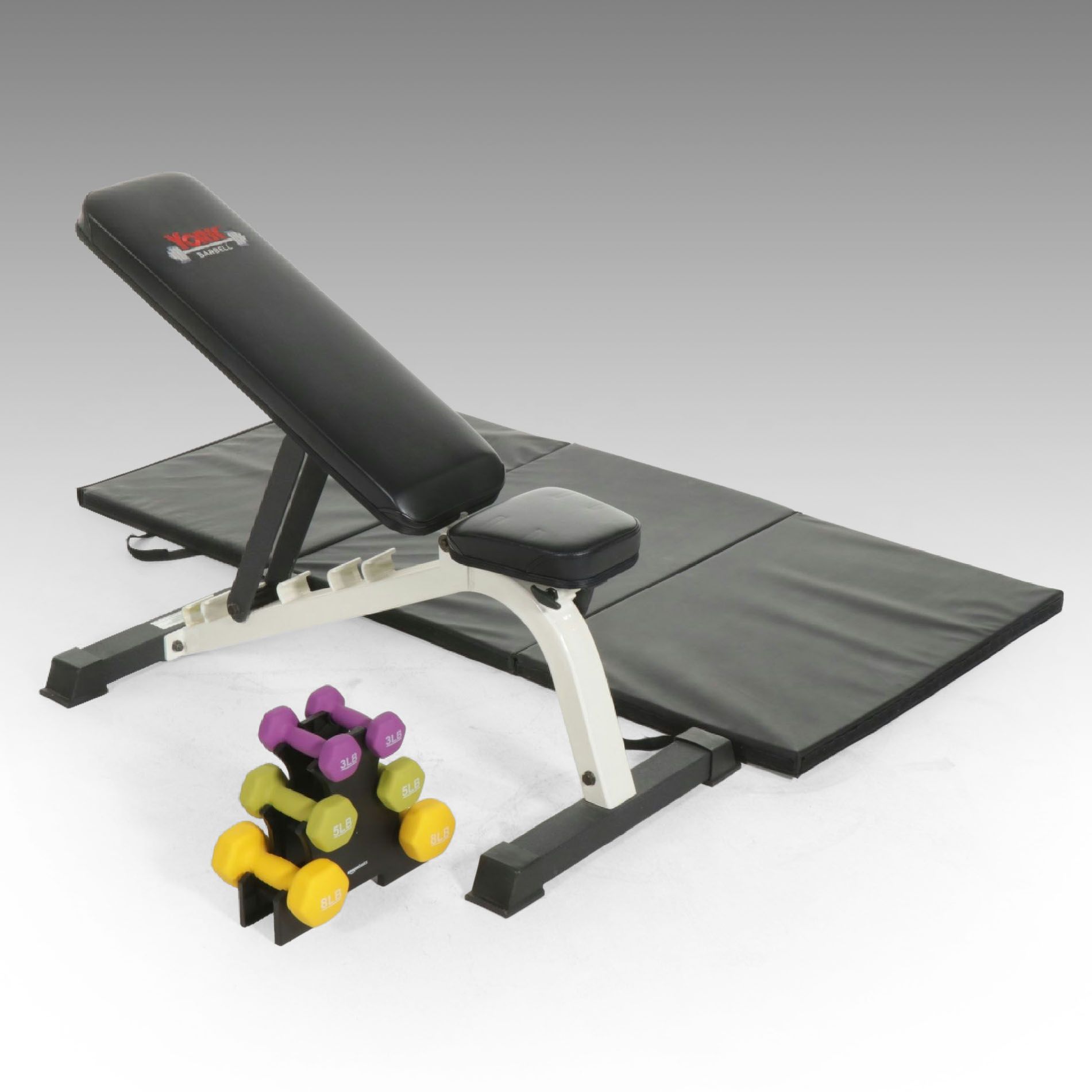 York Adjustable Weight Bench with Dumbbells and Mats