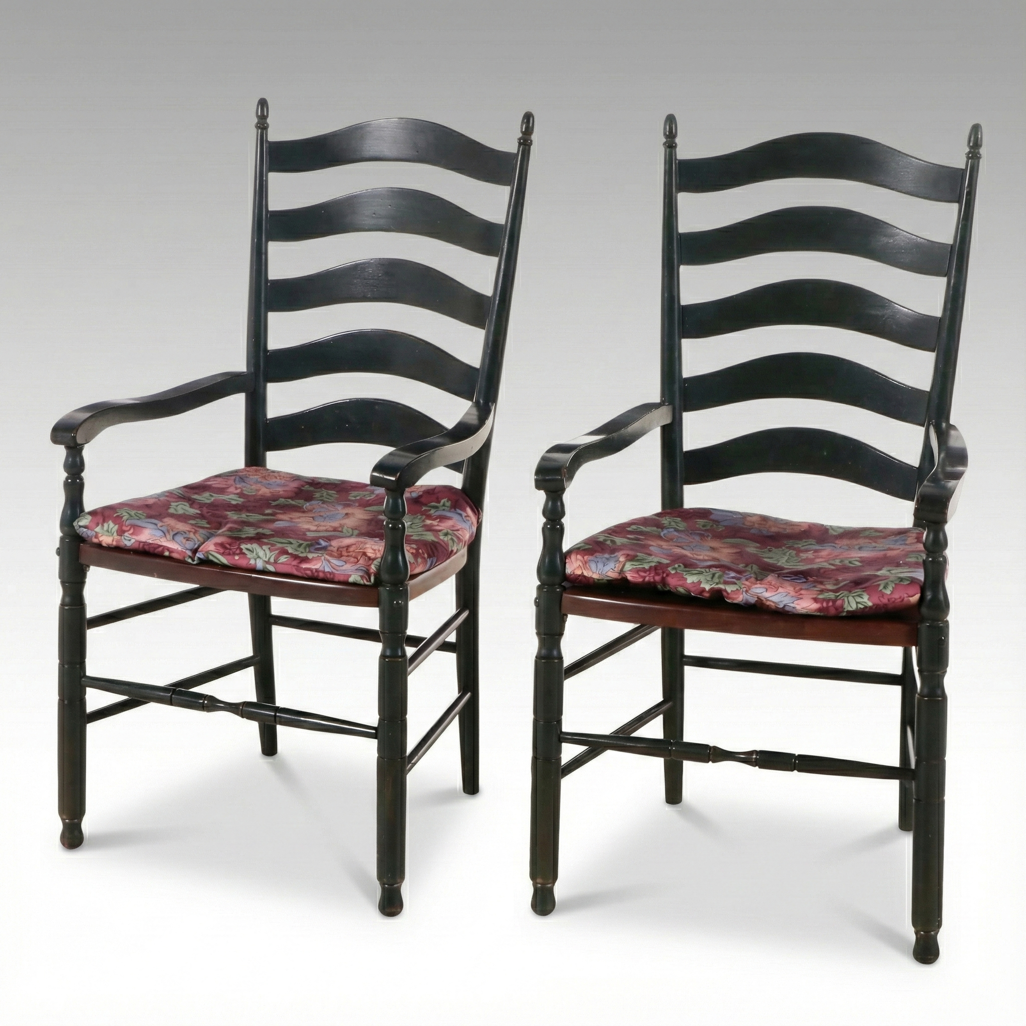 Pair of S. Bent Bros Ebonized Wood Ladder-Back Armchairs, 20th Century