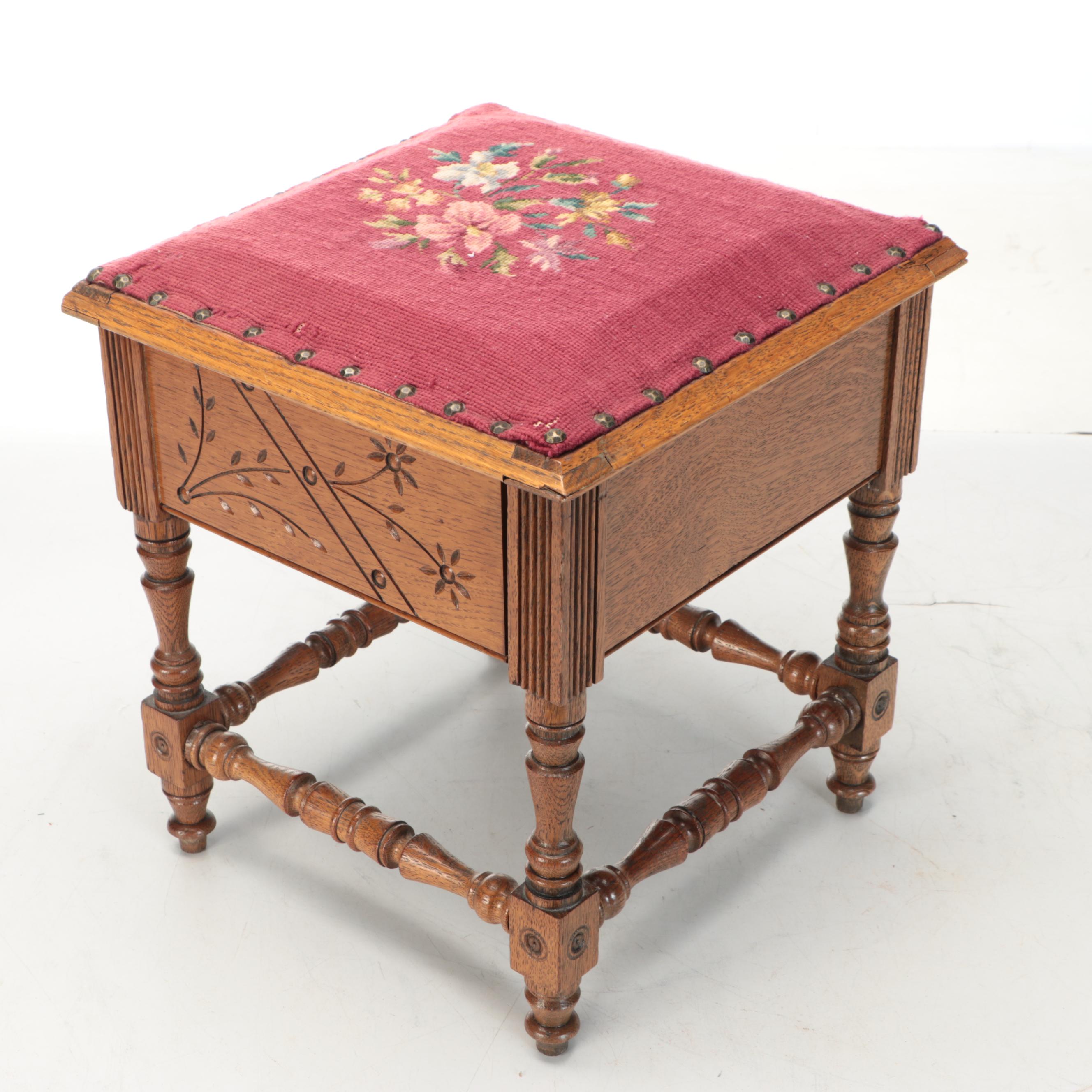 Carved Wood and Needlepoint Storage Footrest