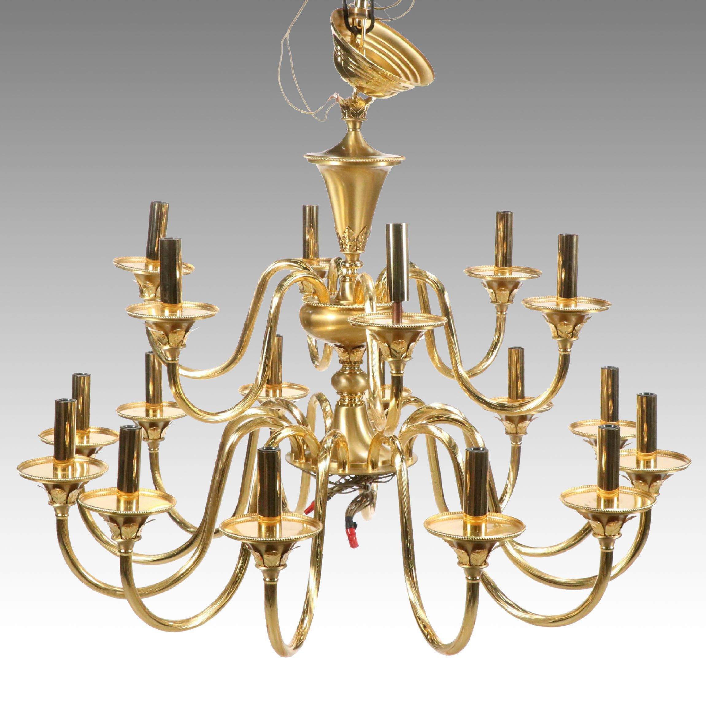 Italian F. Fabbian Ribbed Gilt Metal Double Tier Chandelier, Late 20th Century
