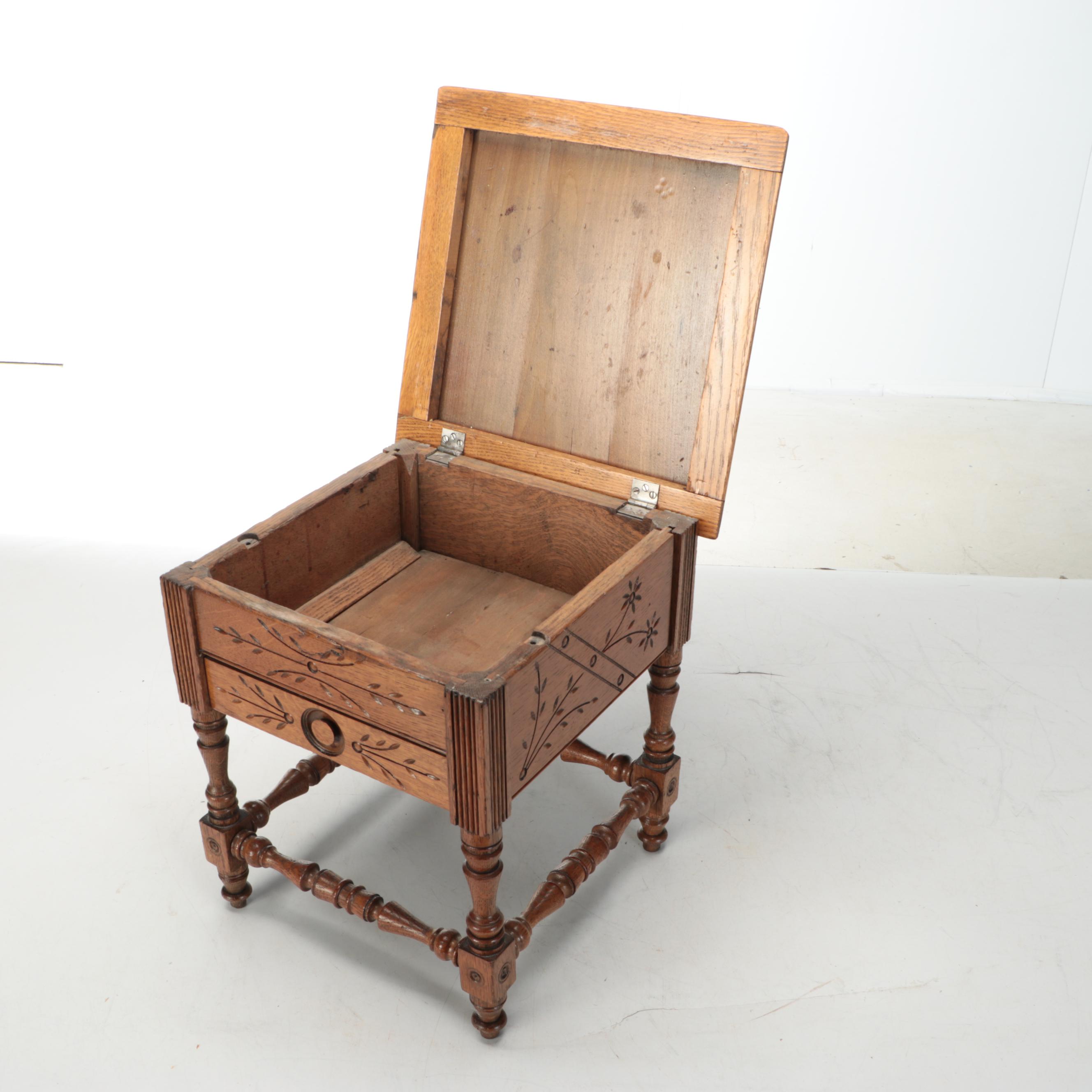 Carved Wood and Needlepoint Storage Footrest