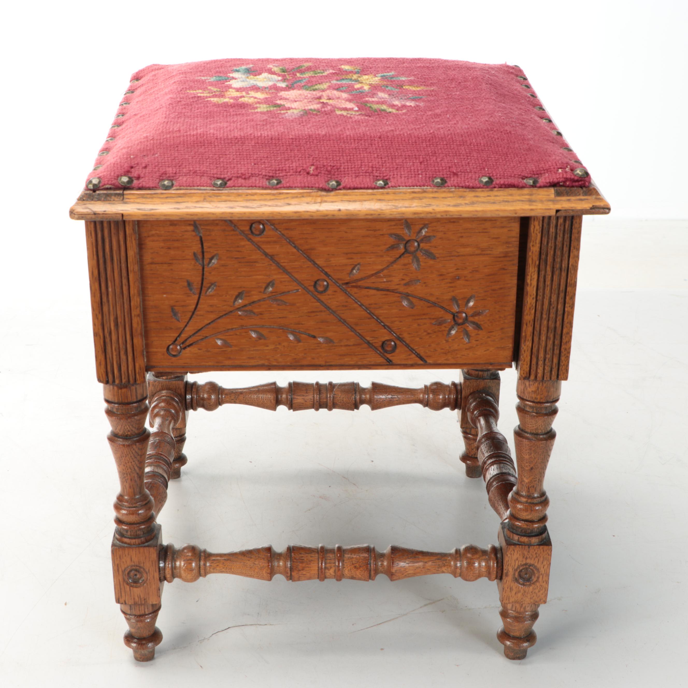 Carved Wood and Needlepoint Storage Footrest