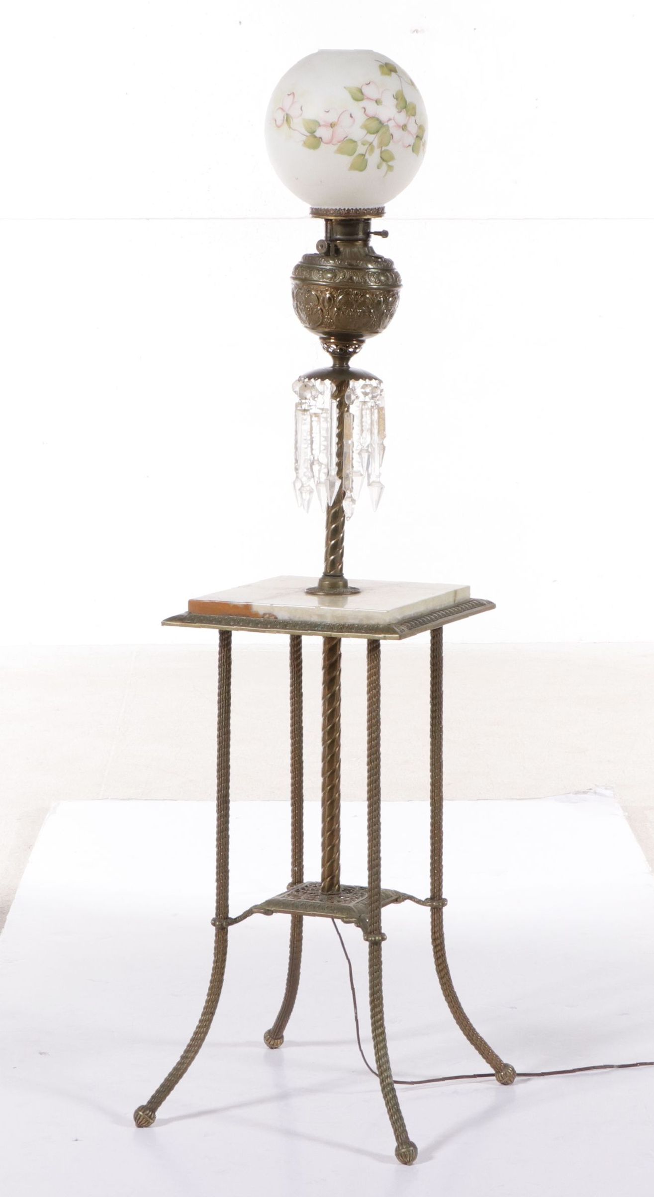 Victorian Juno Lamp Brass and Crystal Piano Oil Floor Lamp, Adapted 20th Century