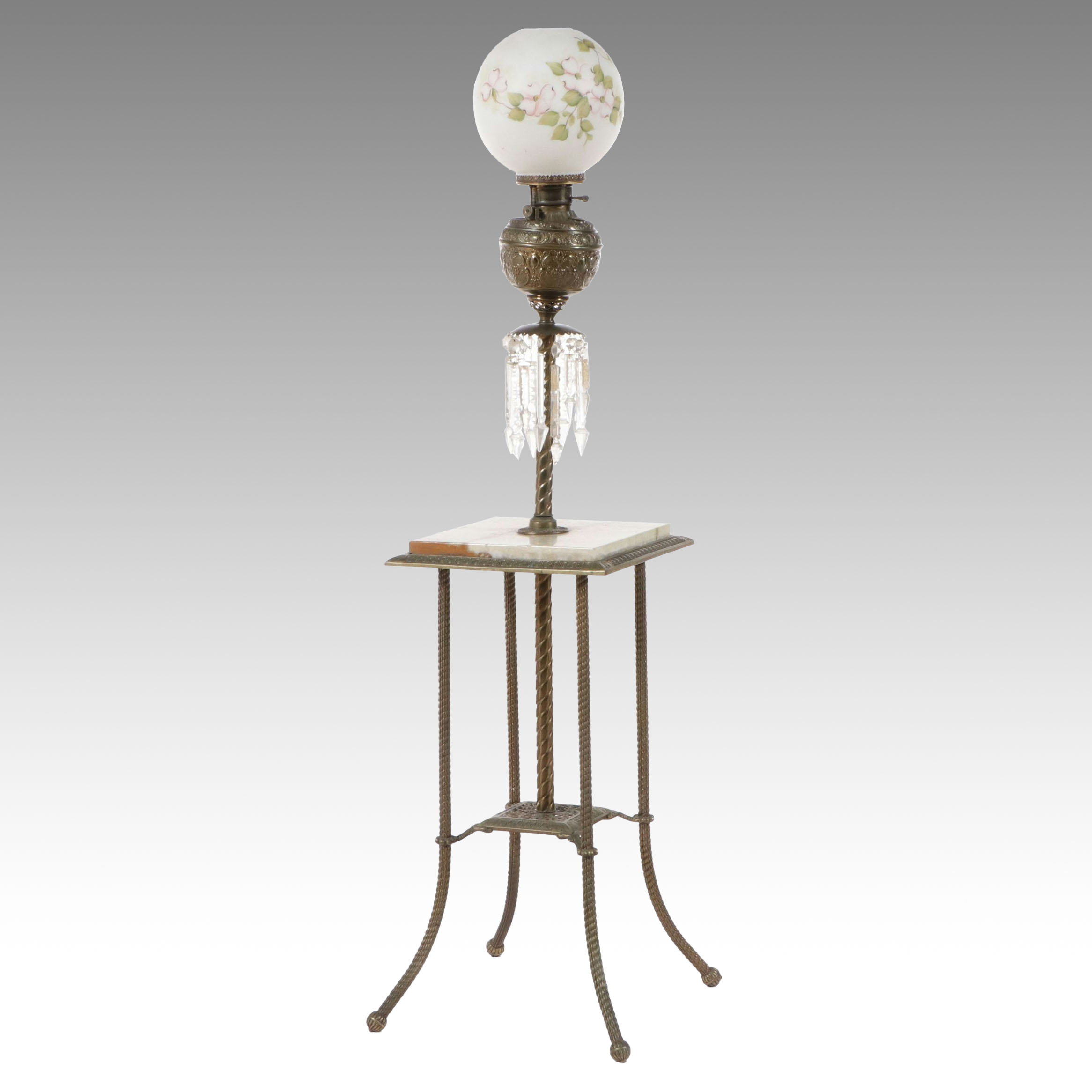 Victorian Juno Lamp Brass and Crystal Piano Oil Floor Lamp, Adapted 20th Century