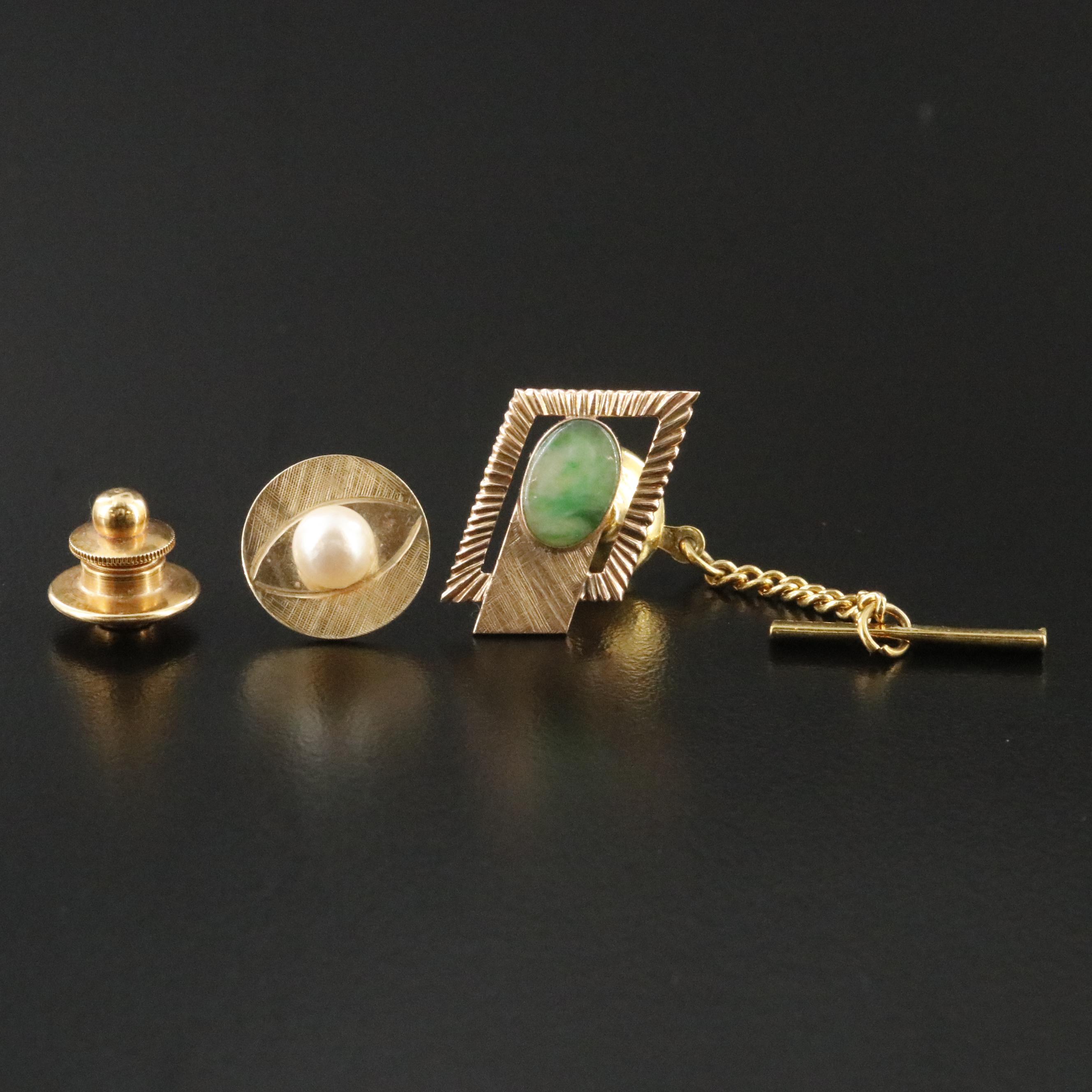 14K Jadeite and Pearl Tie Pins