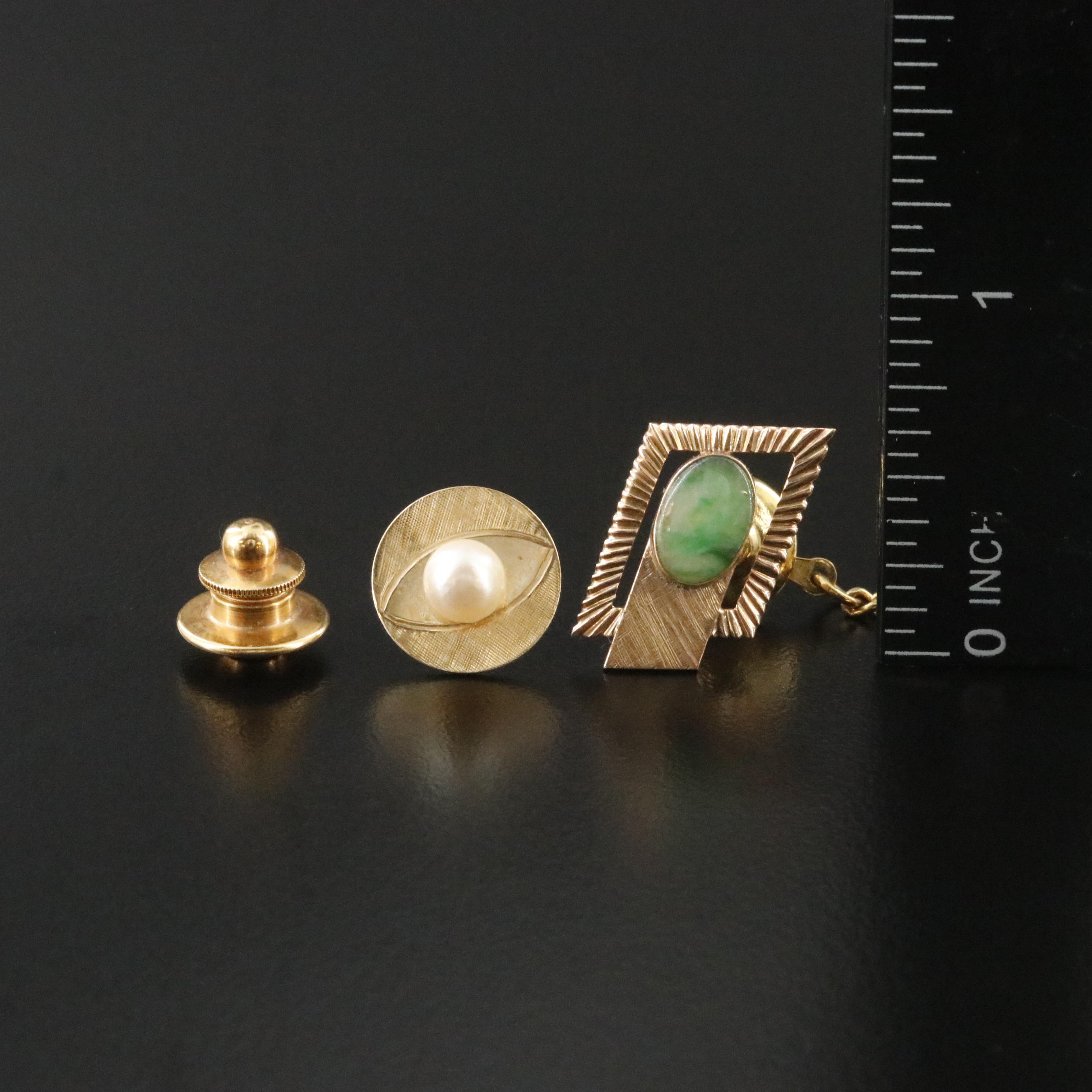 14K Jadeite and Pearl Tie Pins
