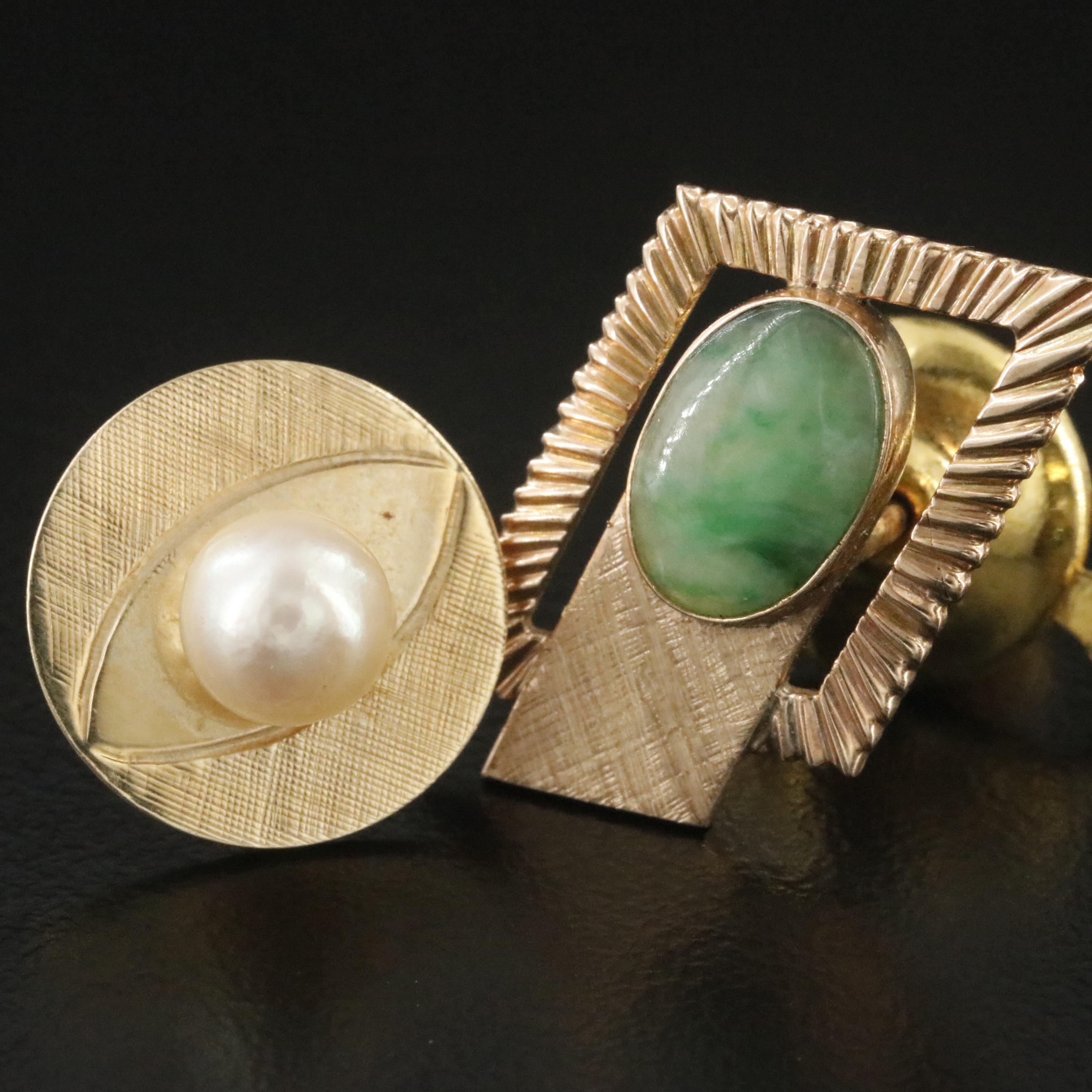 14K Jadeite and Pearl Tie Pins