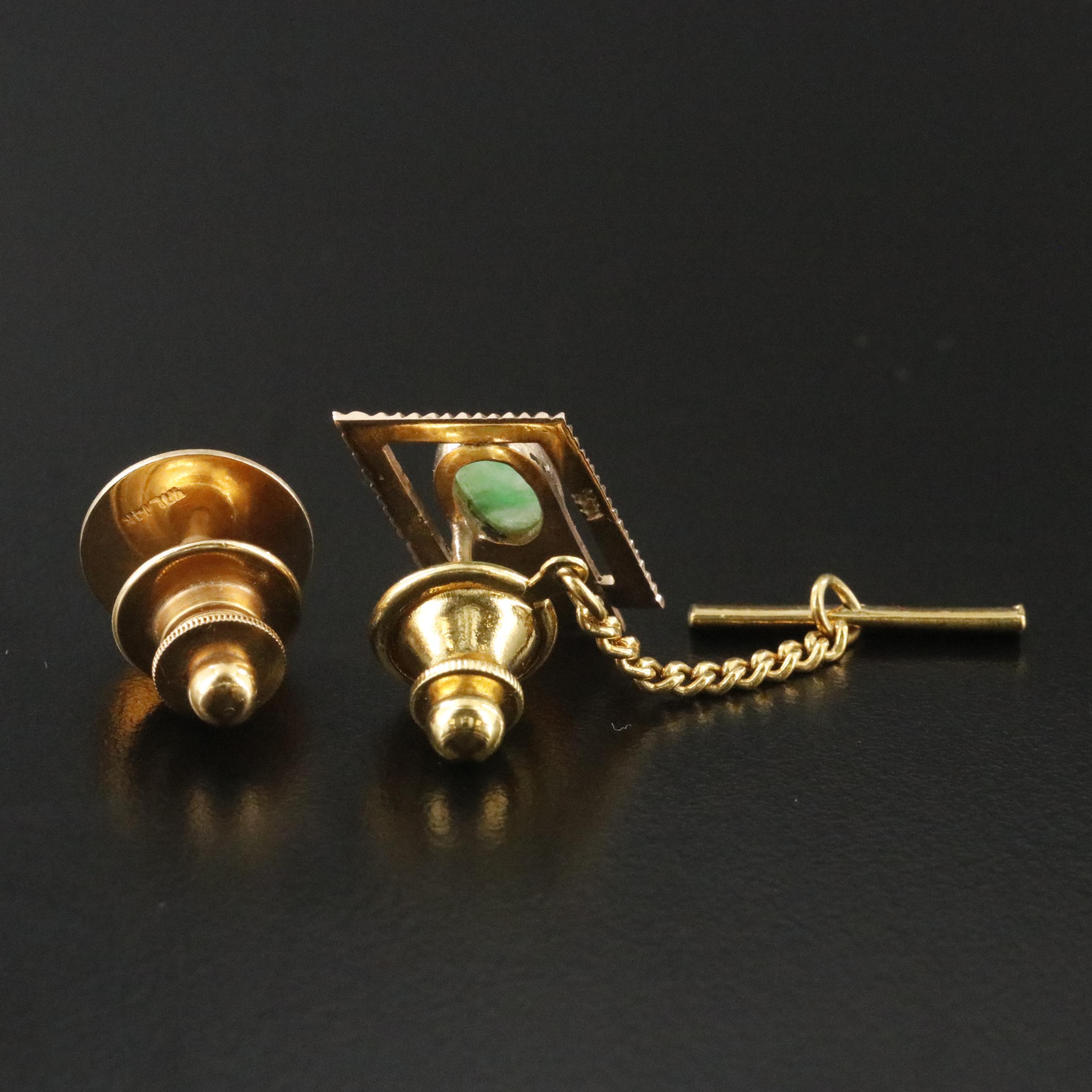 14K Jadeite and Pearl Tie Pins