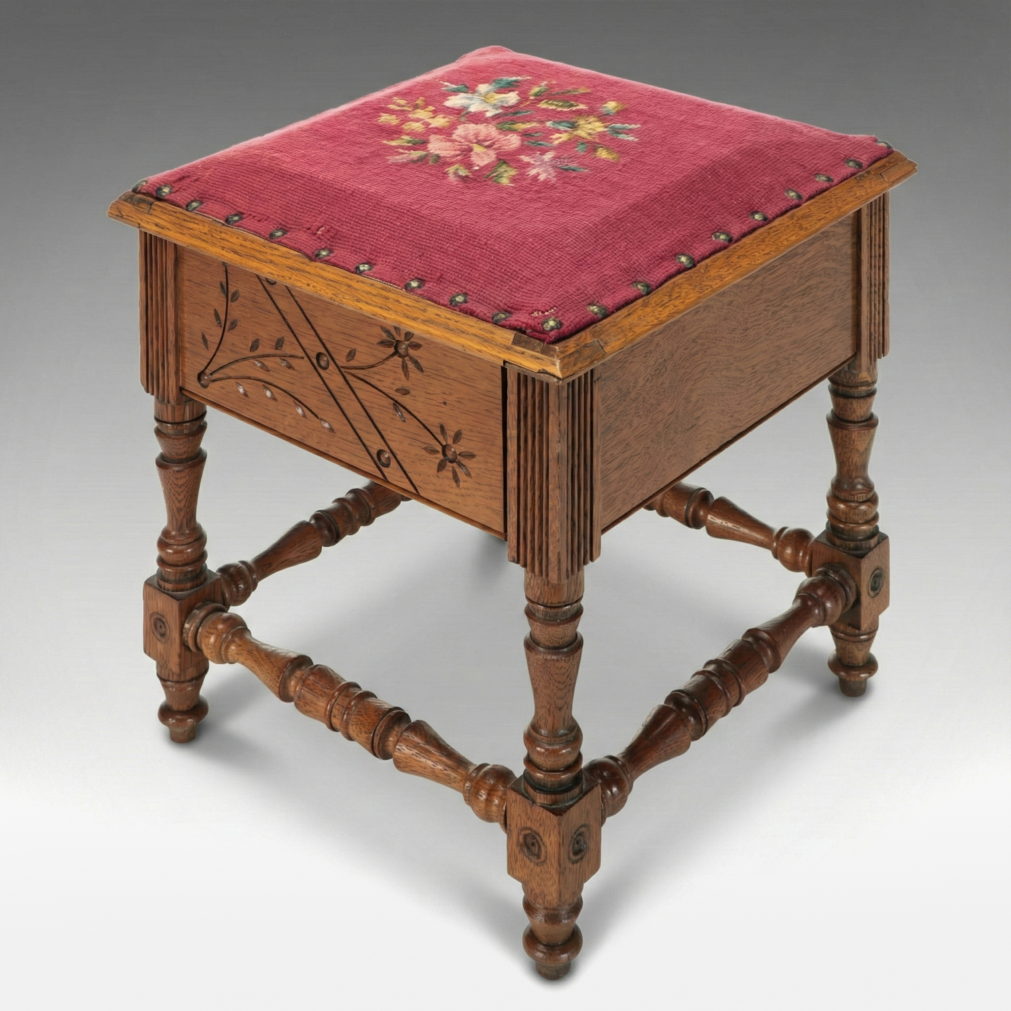 Carved Wood and Needlepoint Storage Footrest