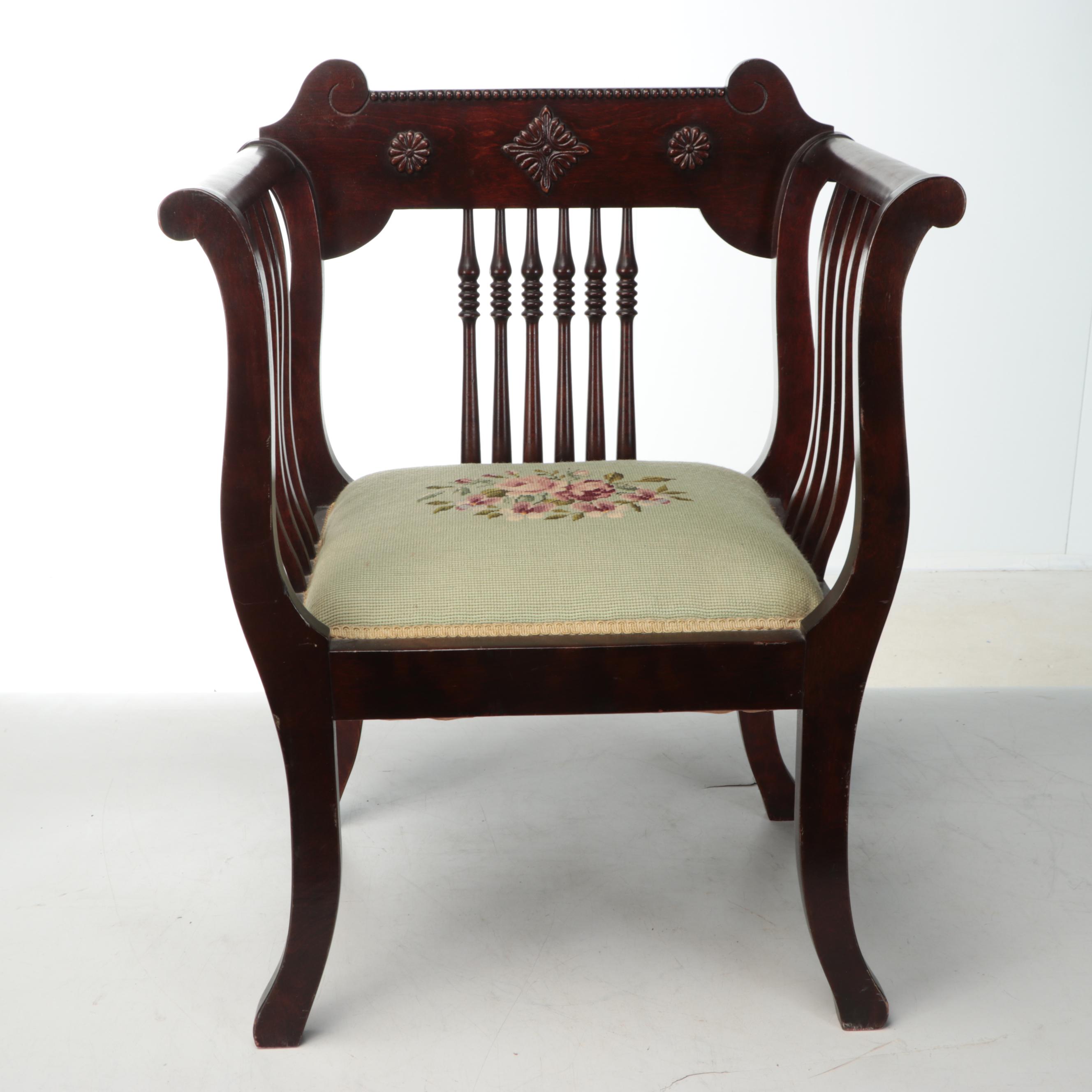 Wooden Salon Chair with Floral Needlepoint Seat