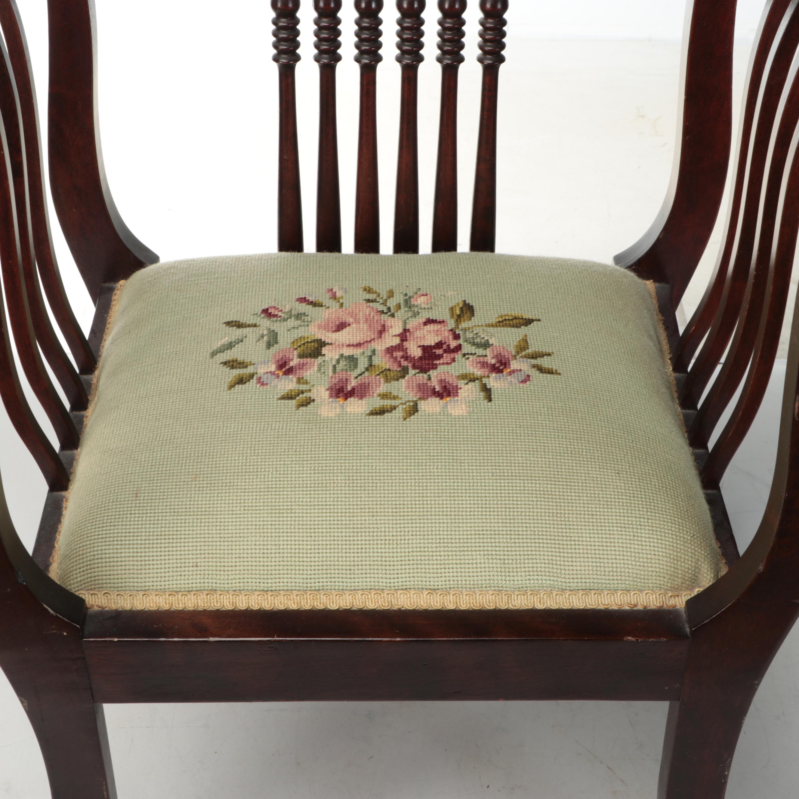 Wooden Salon Chair with Floral Needlepoint Seat
