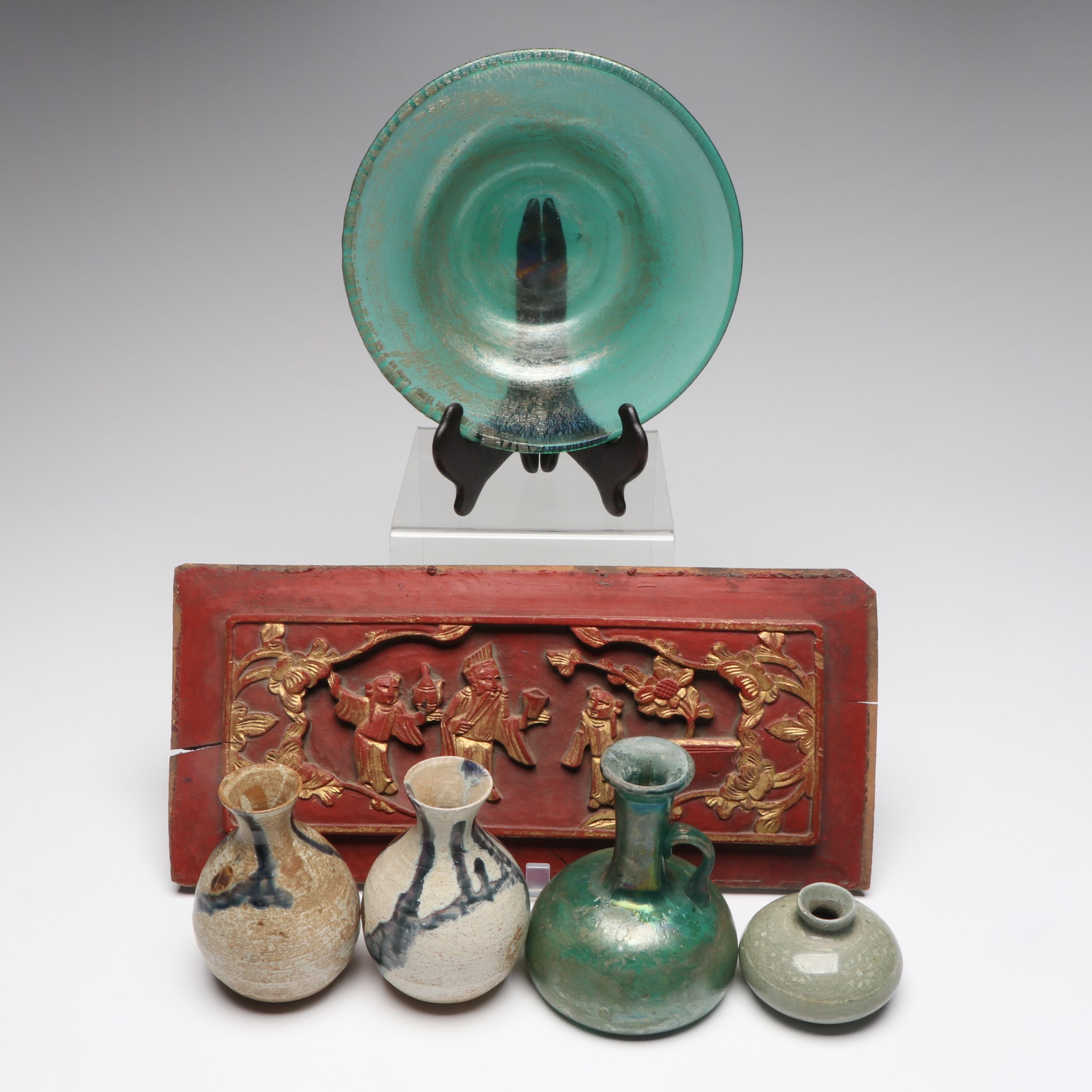 Blown Glass Scavo Jug and Bowl with Art Pottery Vases and Chinese Carving