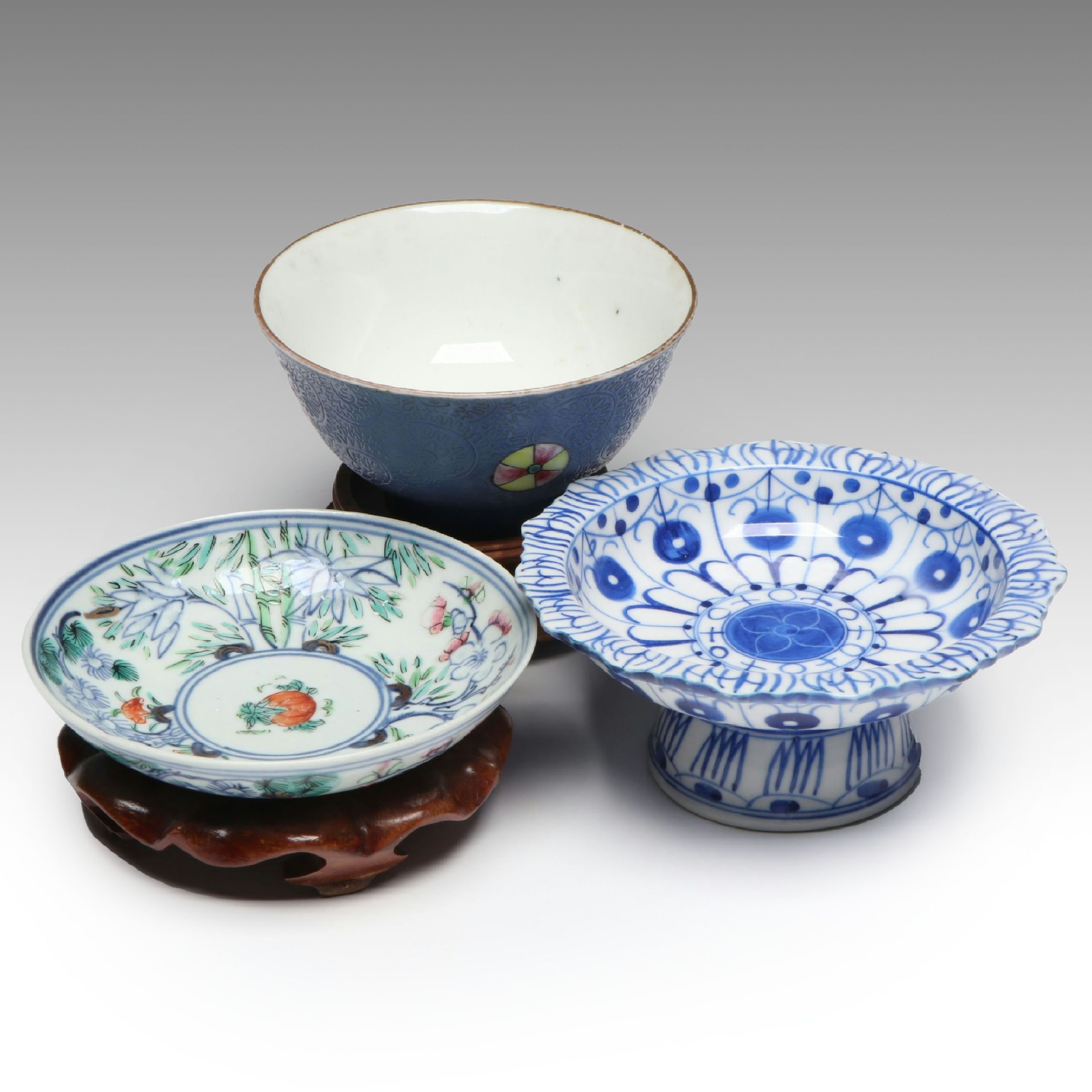 Chinese Porcelain Famille Verte with Other Bowls and Wood Stands