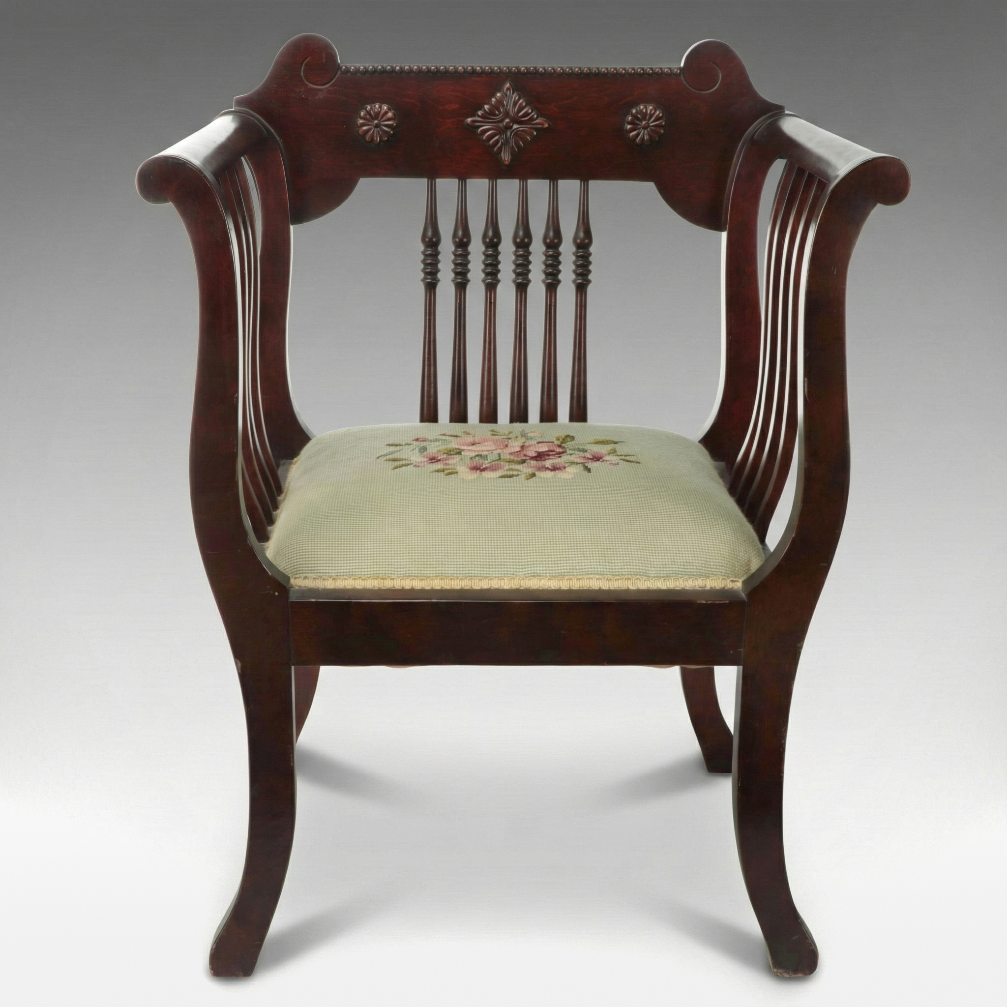 Wooden Salon Chair with Floral Needlepoint Seat