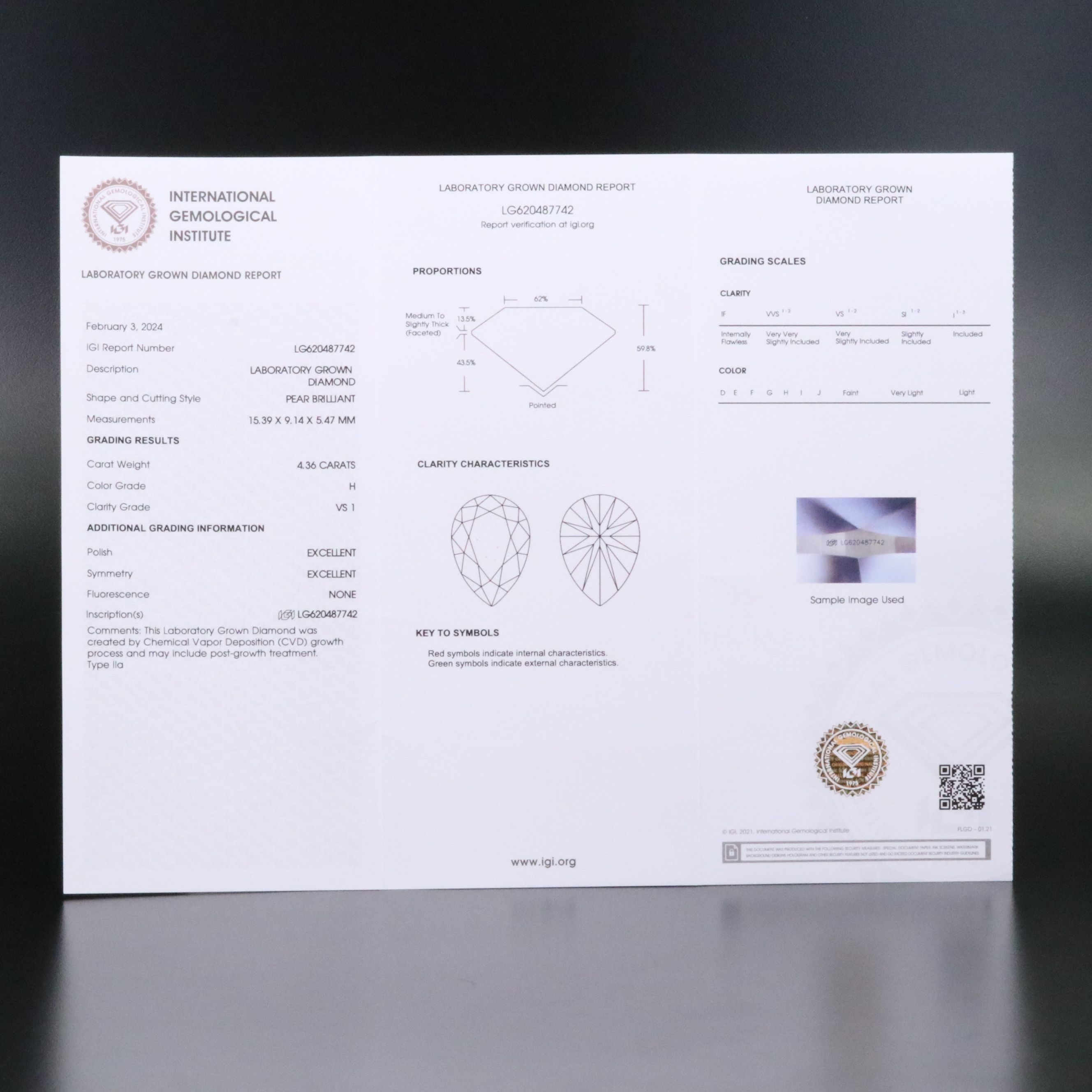 Loose 4.36 CT Lab Grown Diamond with IGI Report