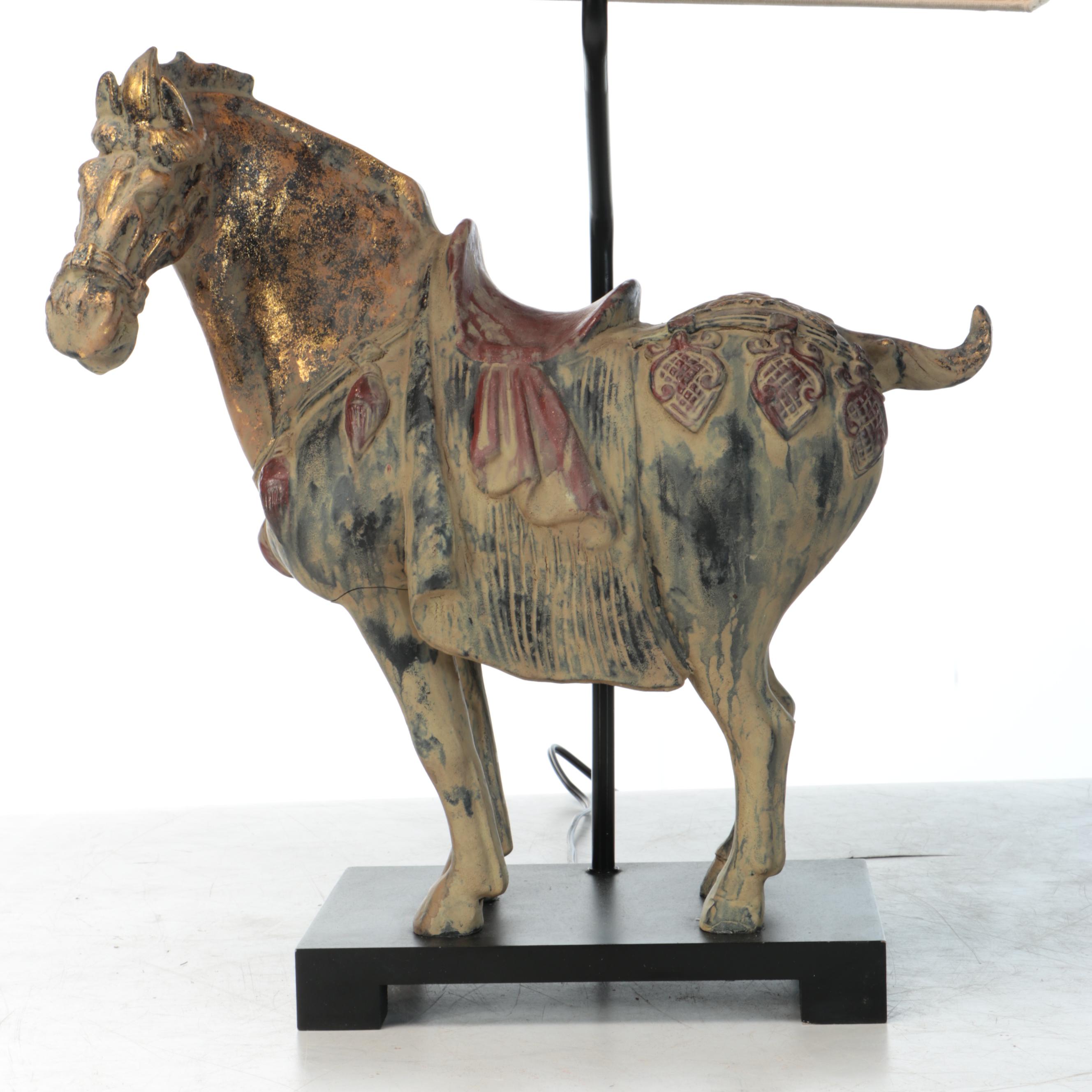 Chinese Tang Style Parcel-Gilt Polychrome Plaster Horse Table Lamp