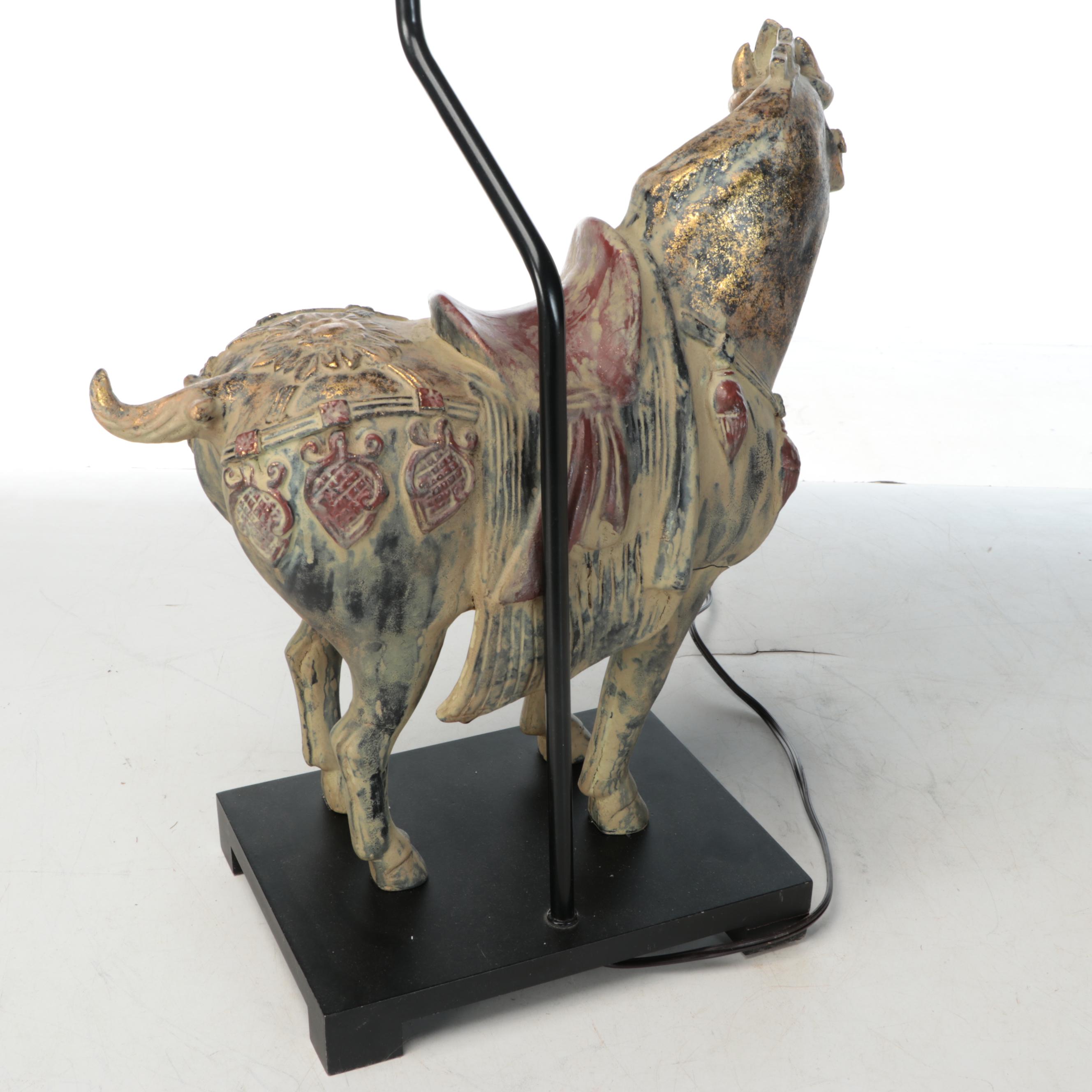 Chinese Tang Style Parcel-Gilt Polychrome Plaster Horse Table Lamp