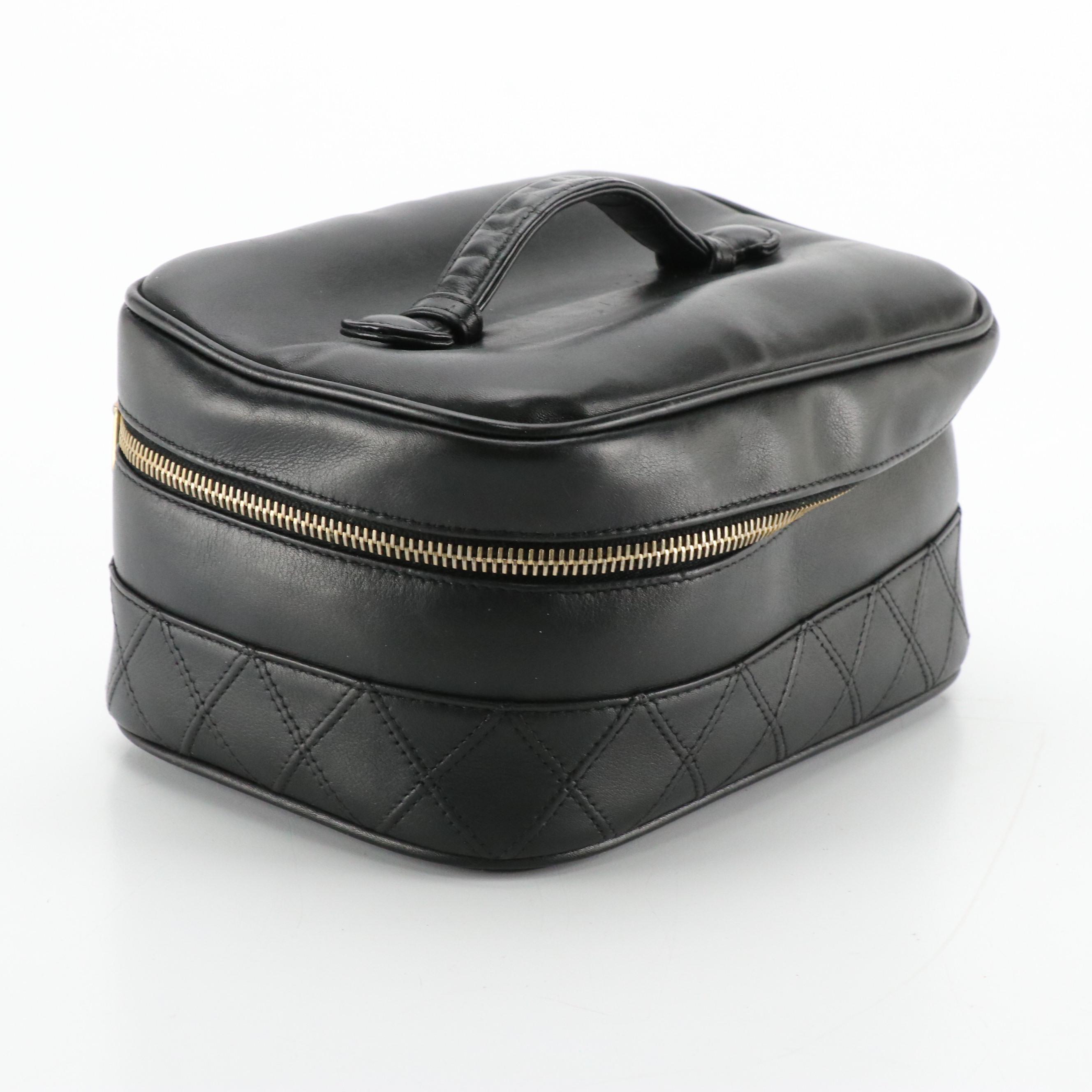 Chanel Zip-Around Vanity Bag in Black Leather with Quilted Trim