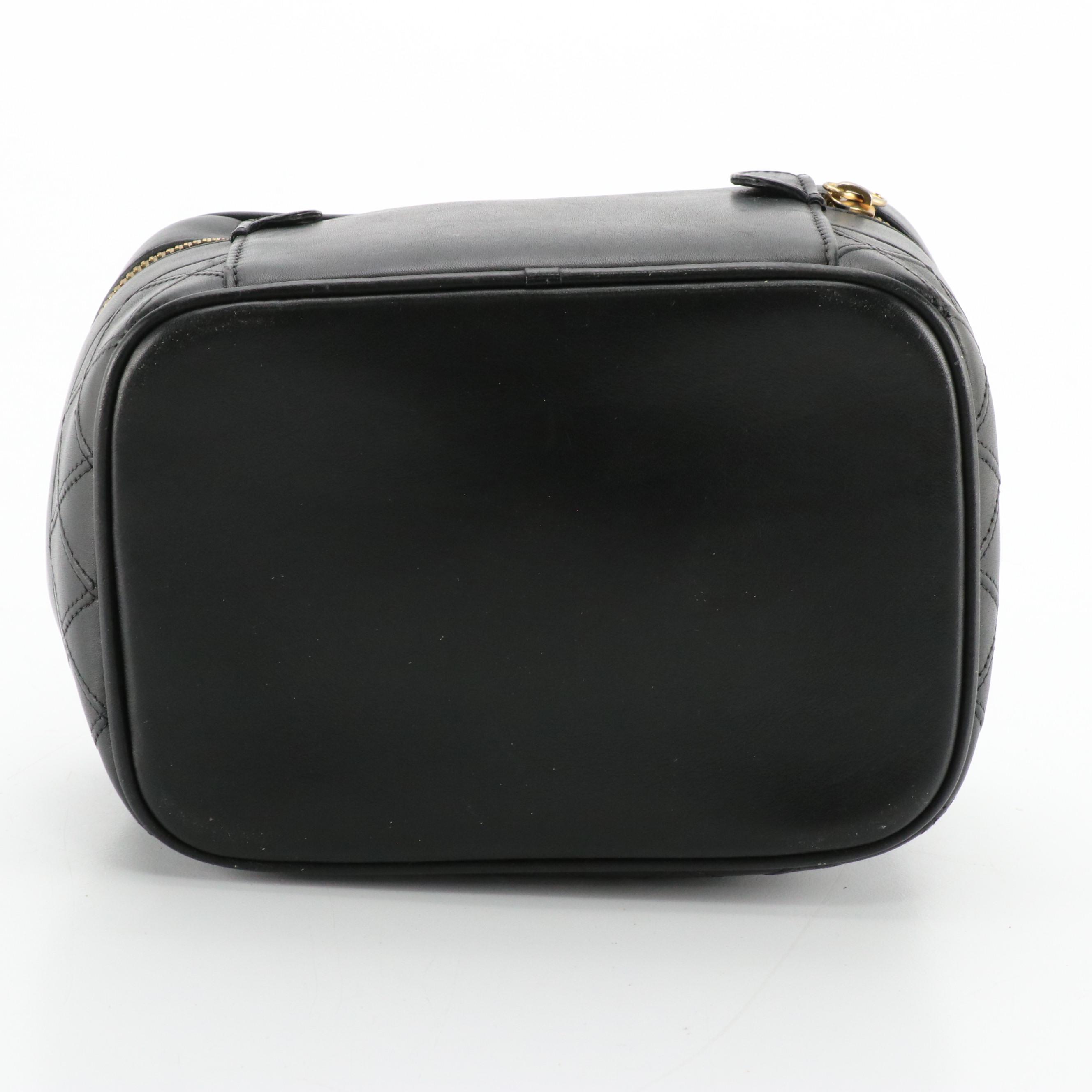 Chanel Zip-Around Vanity Bag in Black Leather with Quilted Trim