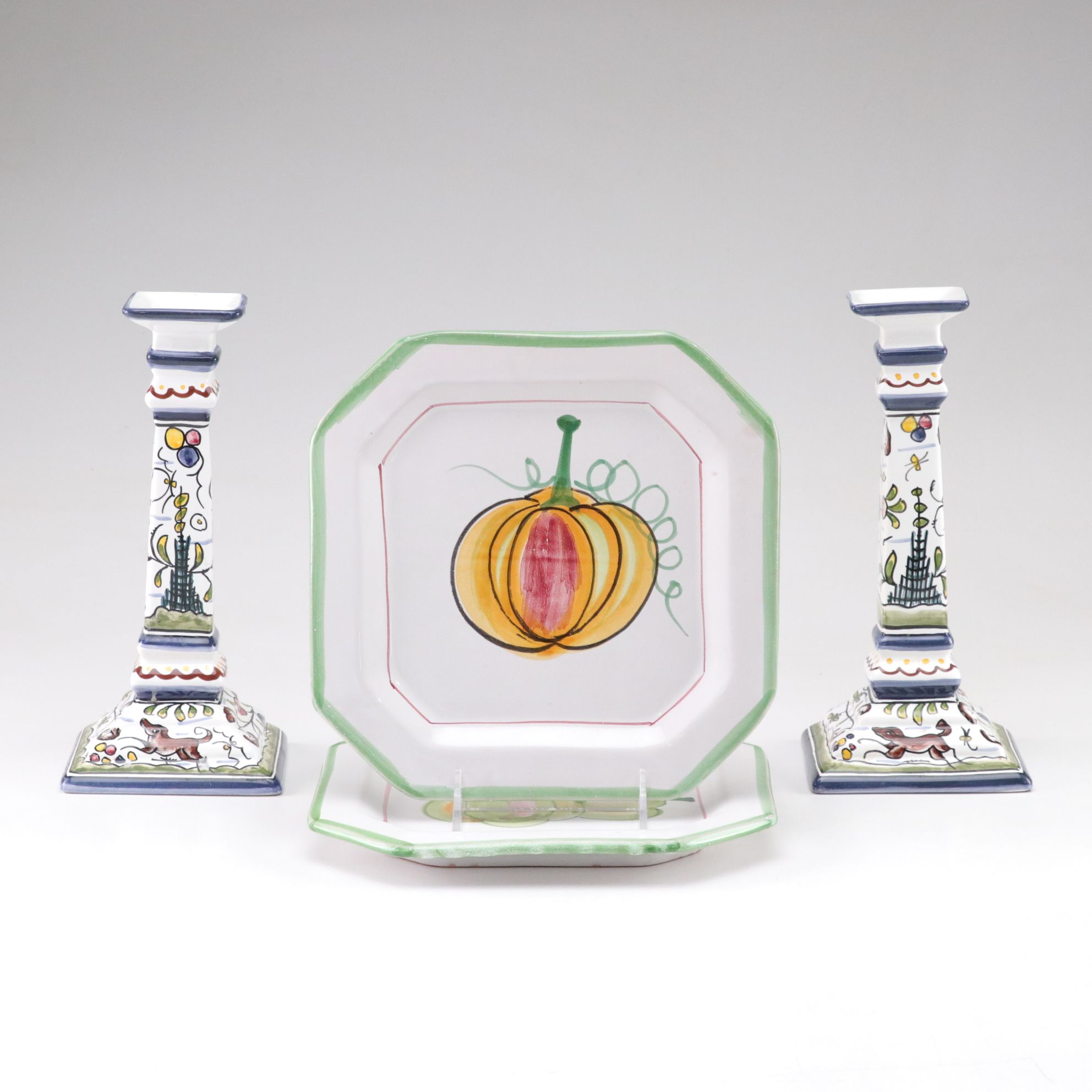 Hand-Painted Portuguese Candlesticks with Italian Plates