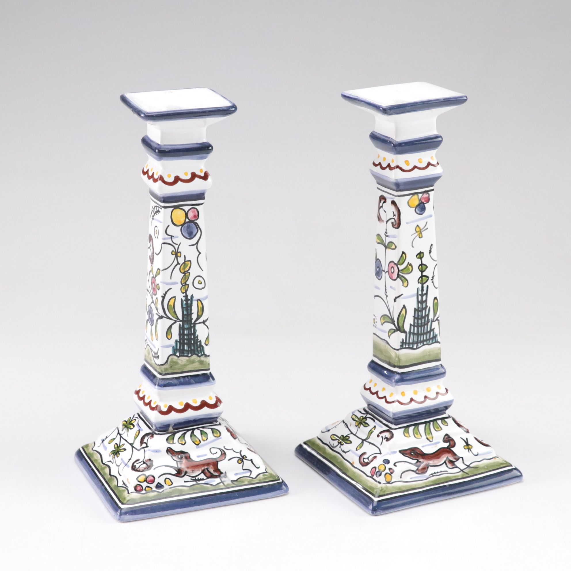 Hand-Painted Portuguese Candlesticks with Italian Plates
