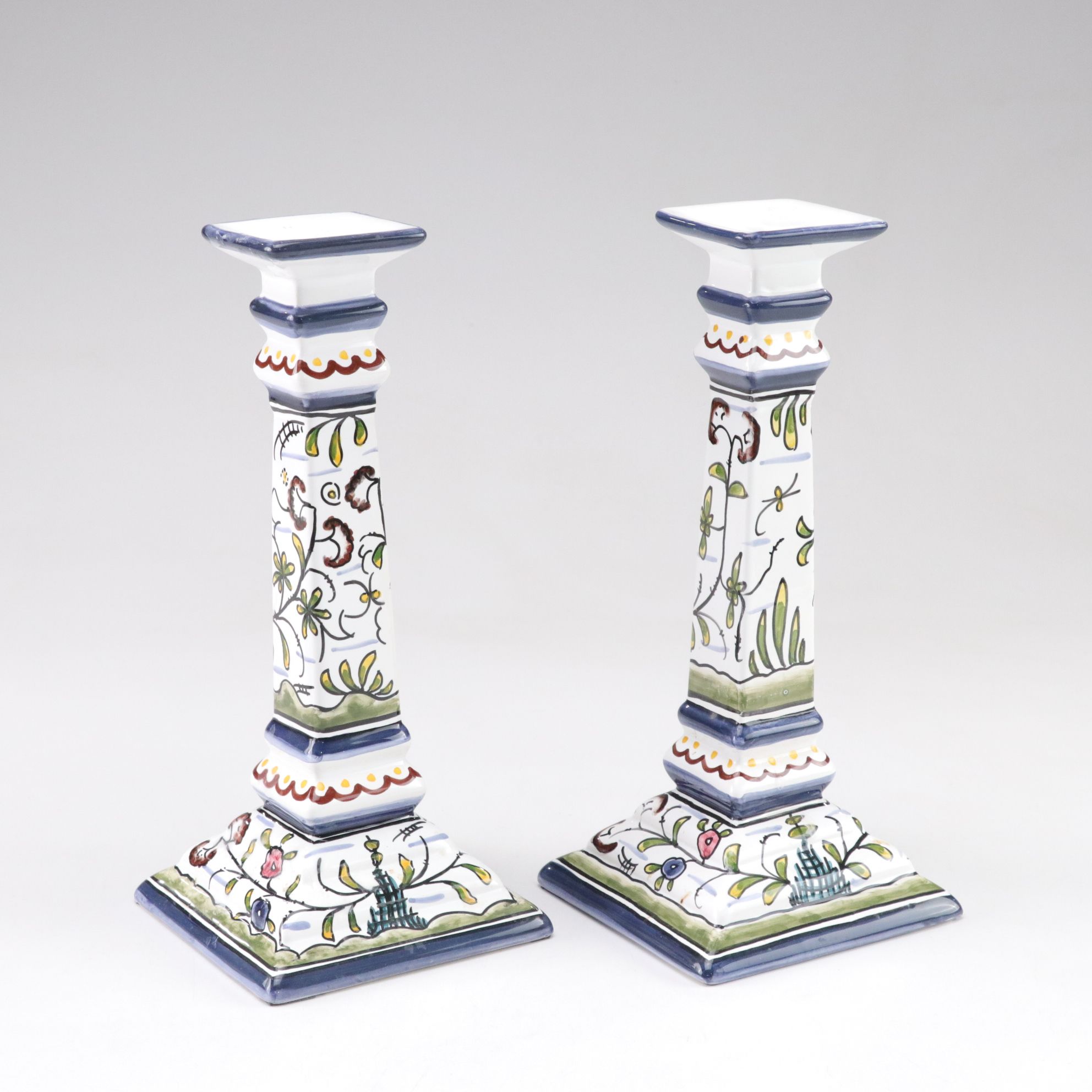 Hand-Painted Portuguese Candlesticks with Italian Plates
