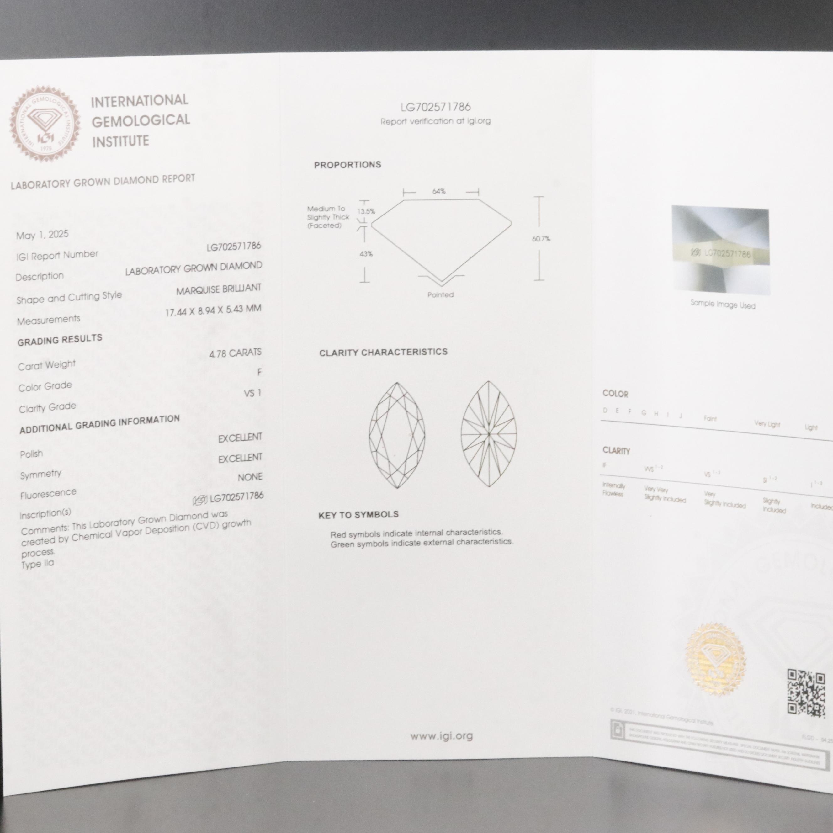 Loose 4.78 CT Lab Grown Diamond with IGI Report