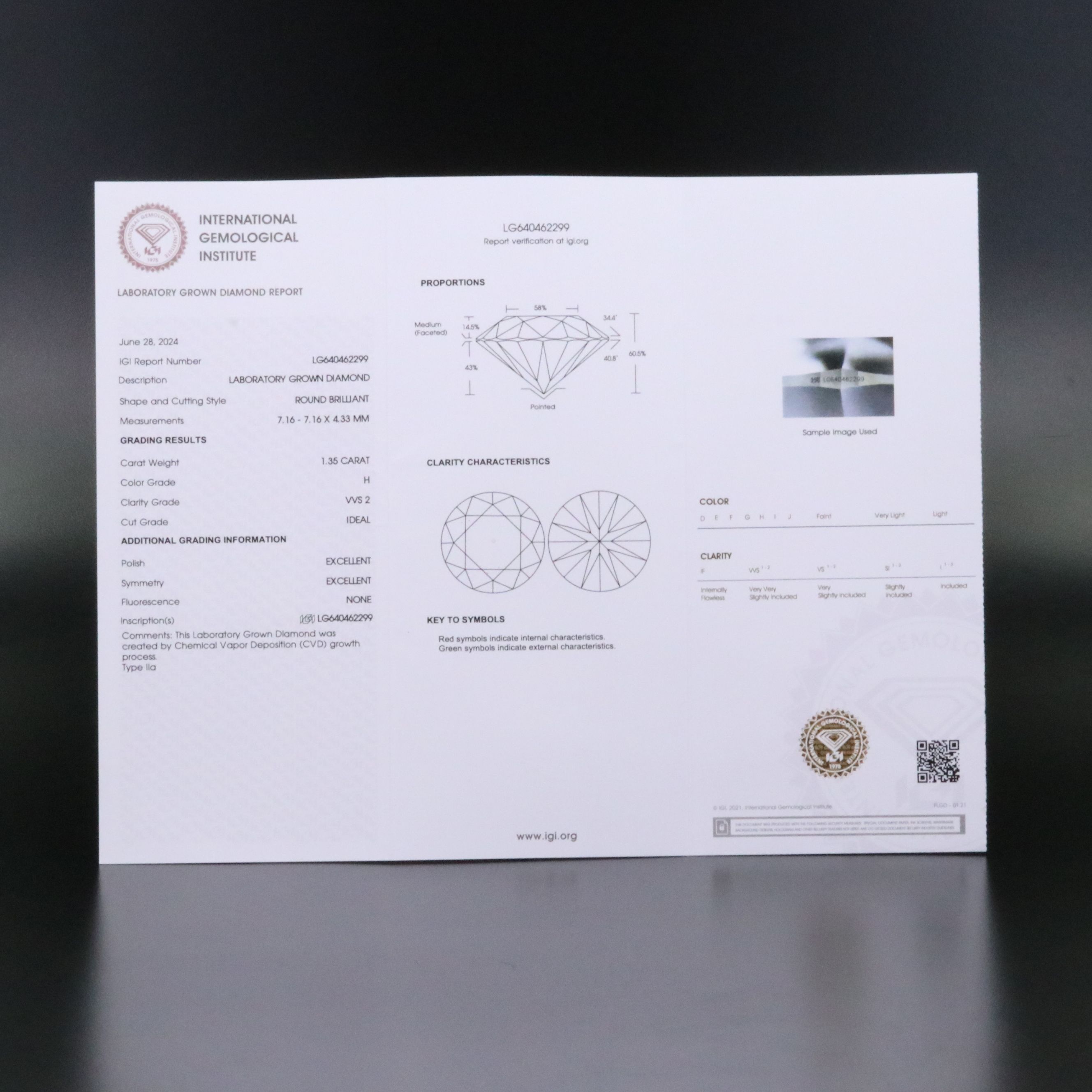 Loose 1.35 CT Lab Grown Diamond with IGI Report