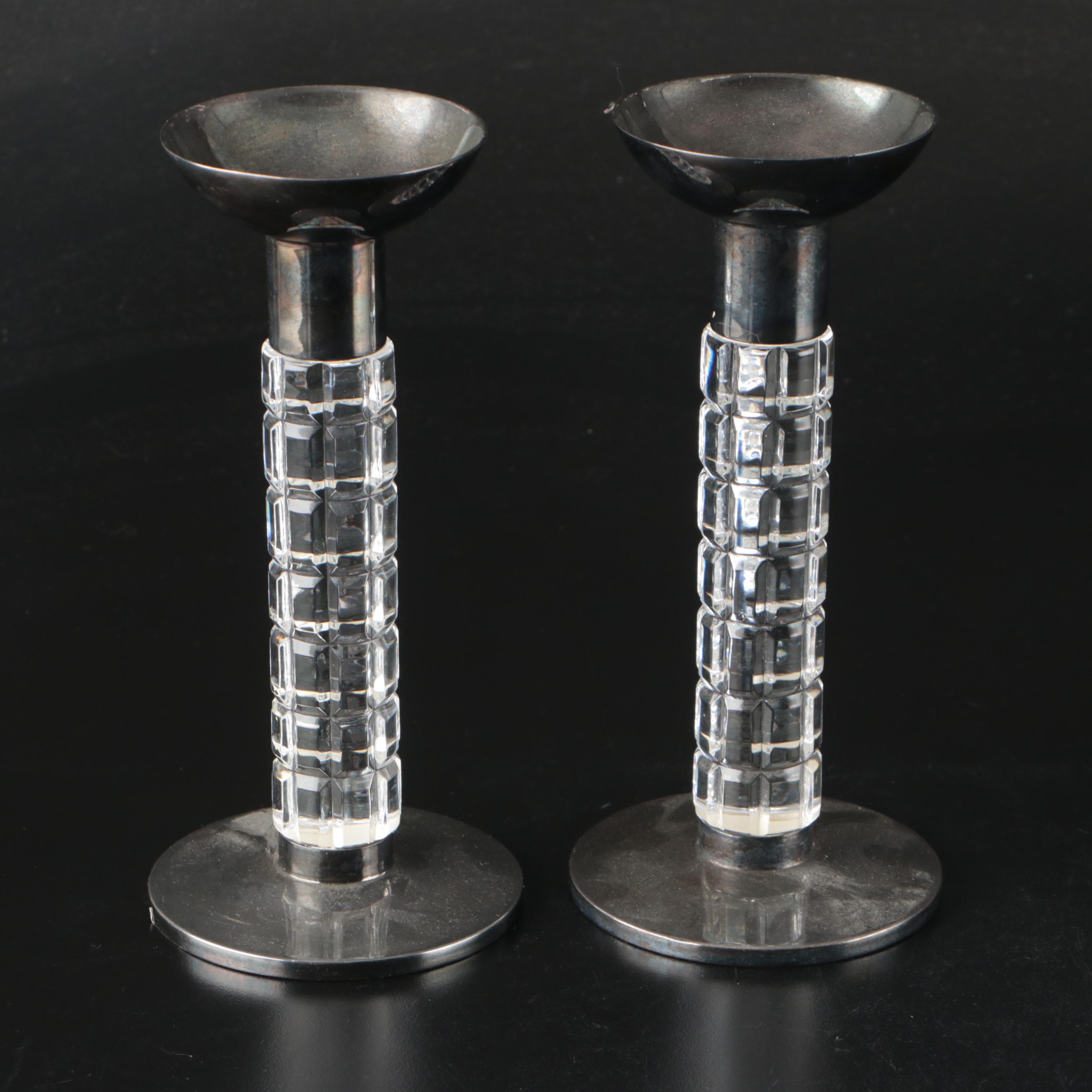Pair of Atlantis Silver Mounted Crystal with Neoclassical Style Candle Holders