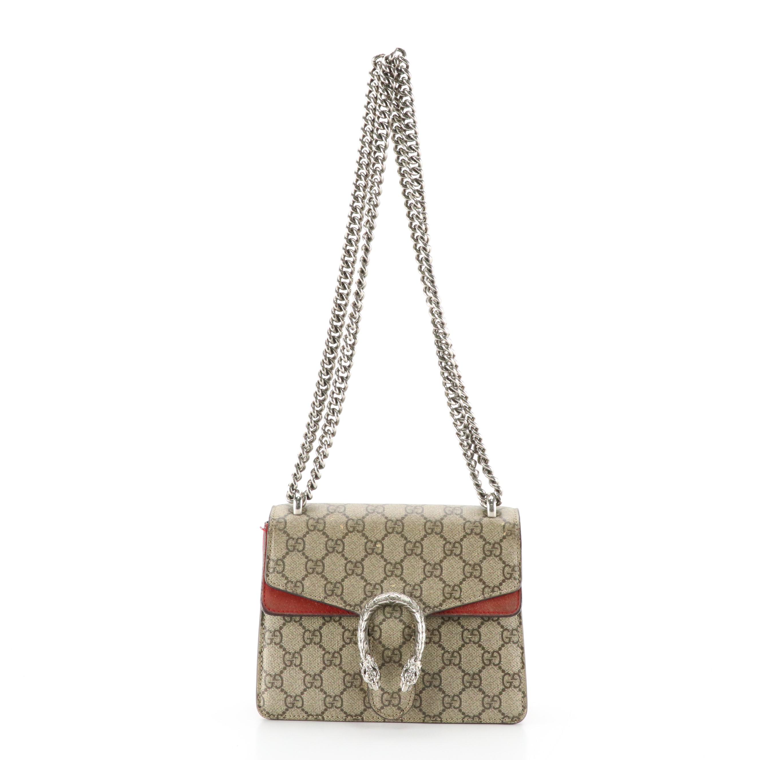 Gucci Small Dionysus Shoulder Bag in GG Supreme Canvas and Red Suede