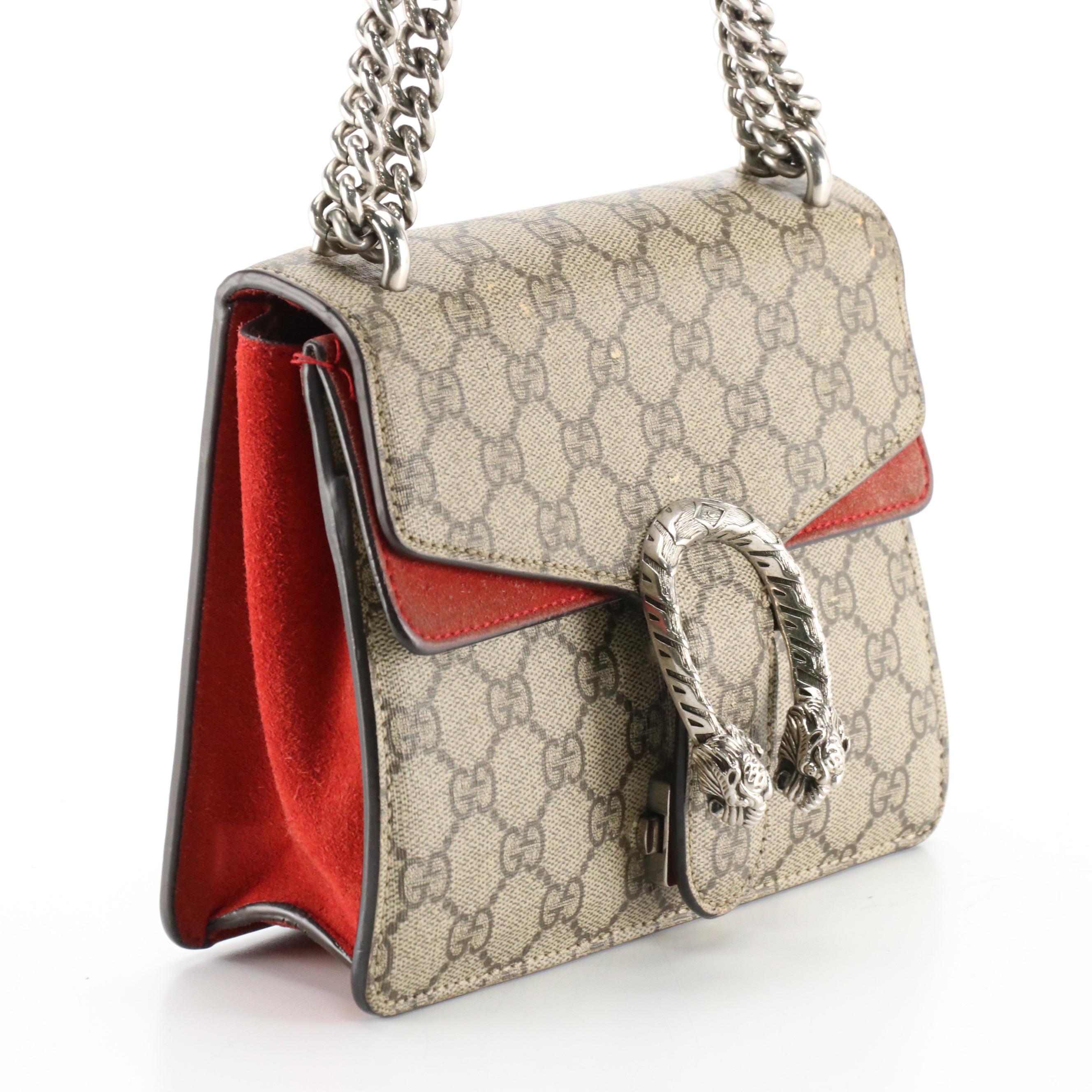 Gucci Small Dionysus Shoulder Bag in GG Supreme Canvas and Red Suede